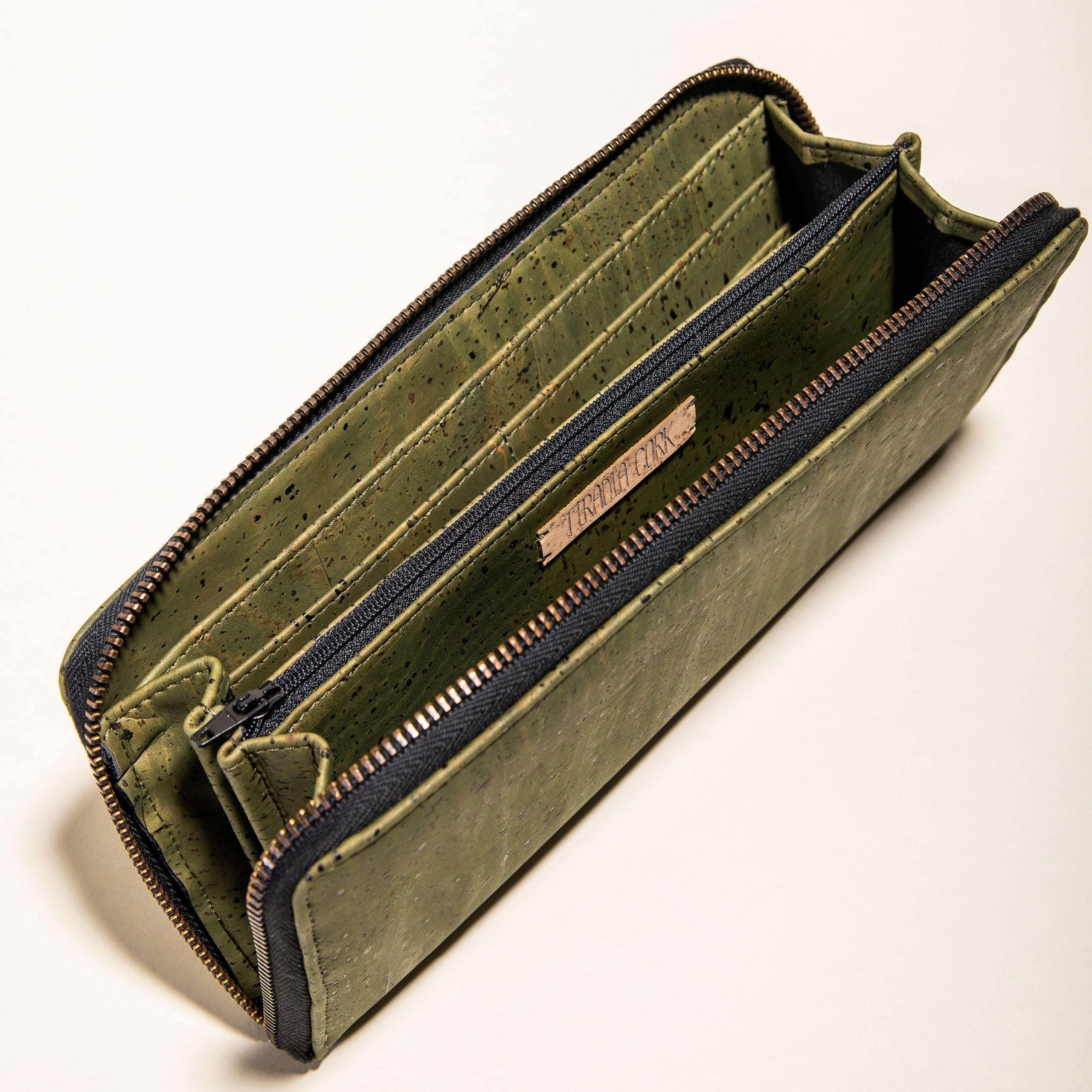 Green cork zip wallet with card slots and eco-friendly design, Qu!rk Boutique gift accessory