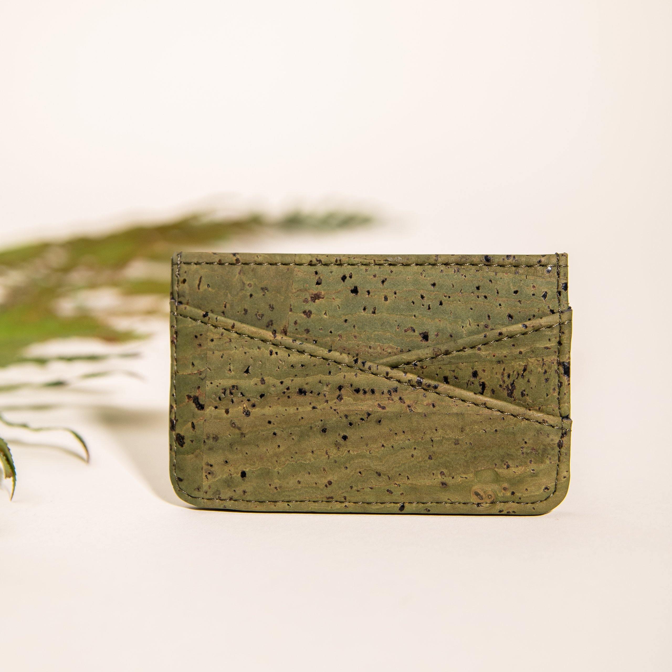 Eco-friendly olive green cork card holder wallet with speckled pattern, Qu!rk Boutique
