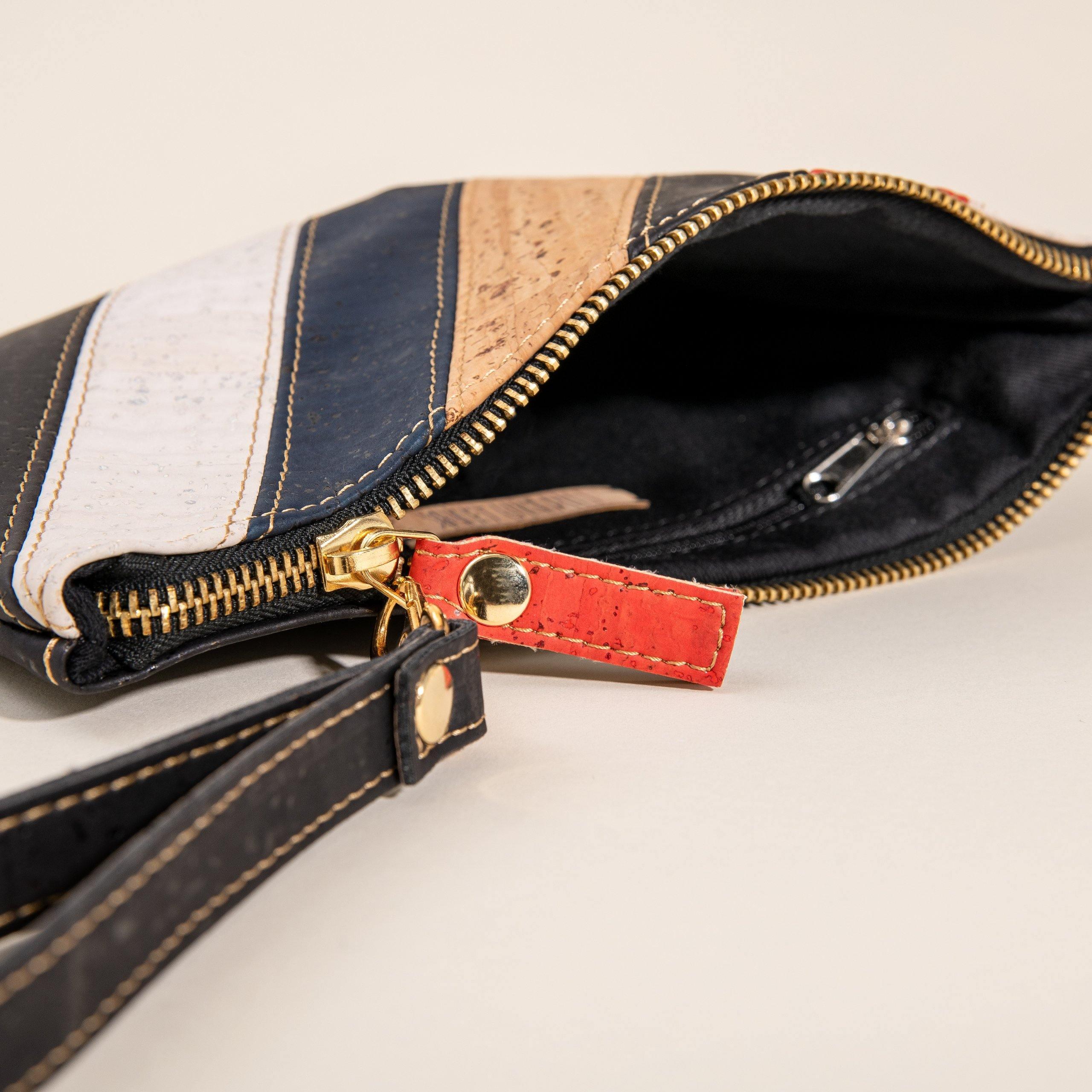 Striped cork wristlet clutch with gold zipper from Qu!rk Boutique