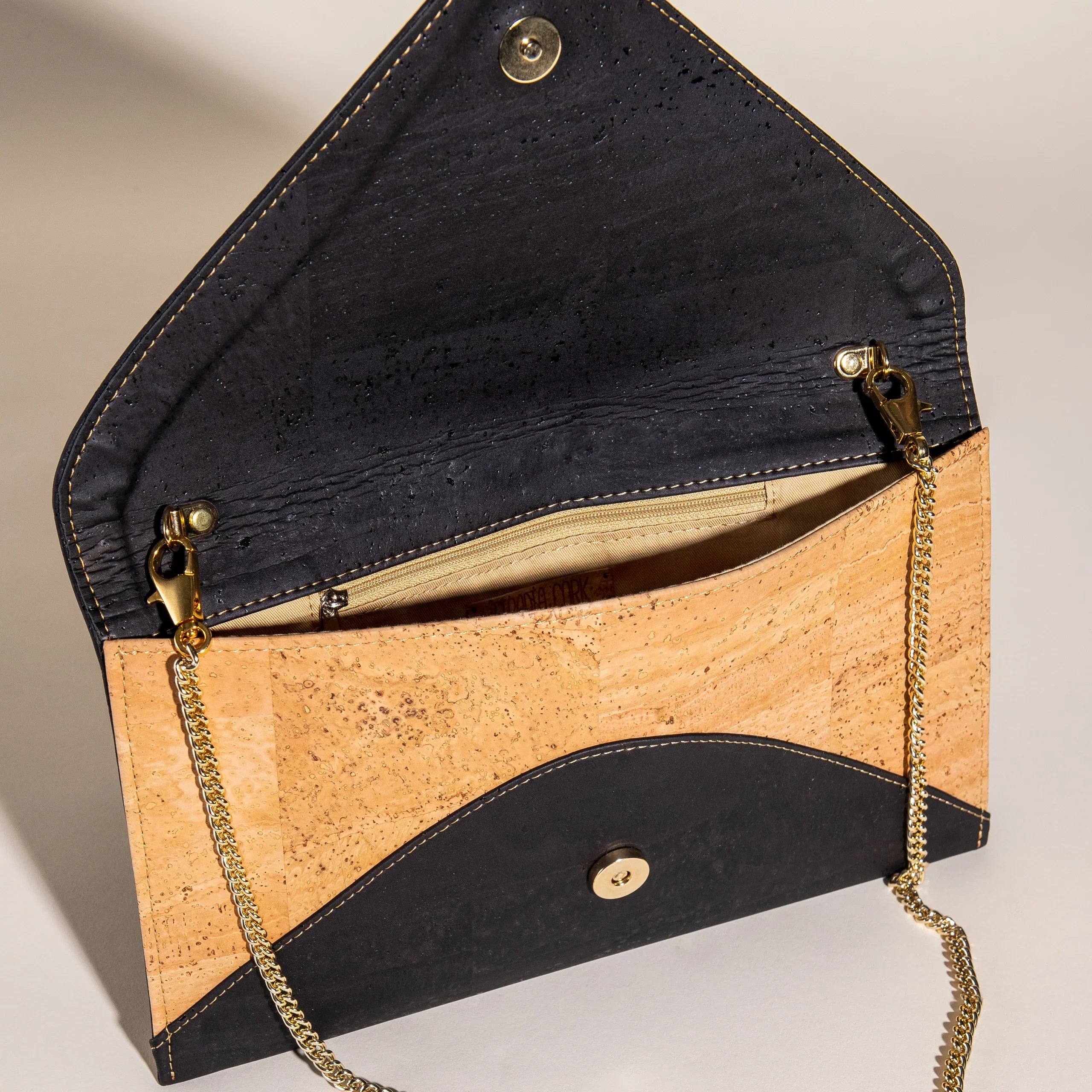 Sustainable cork and black envelope clutch with gold chain, femme-fit, Qu!rk Boutique style