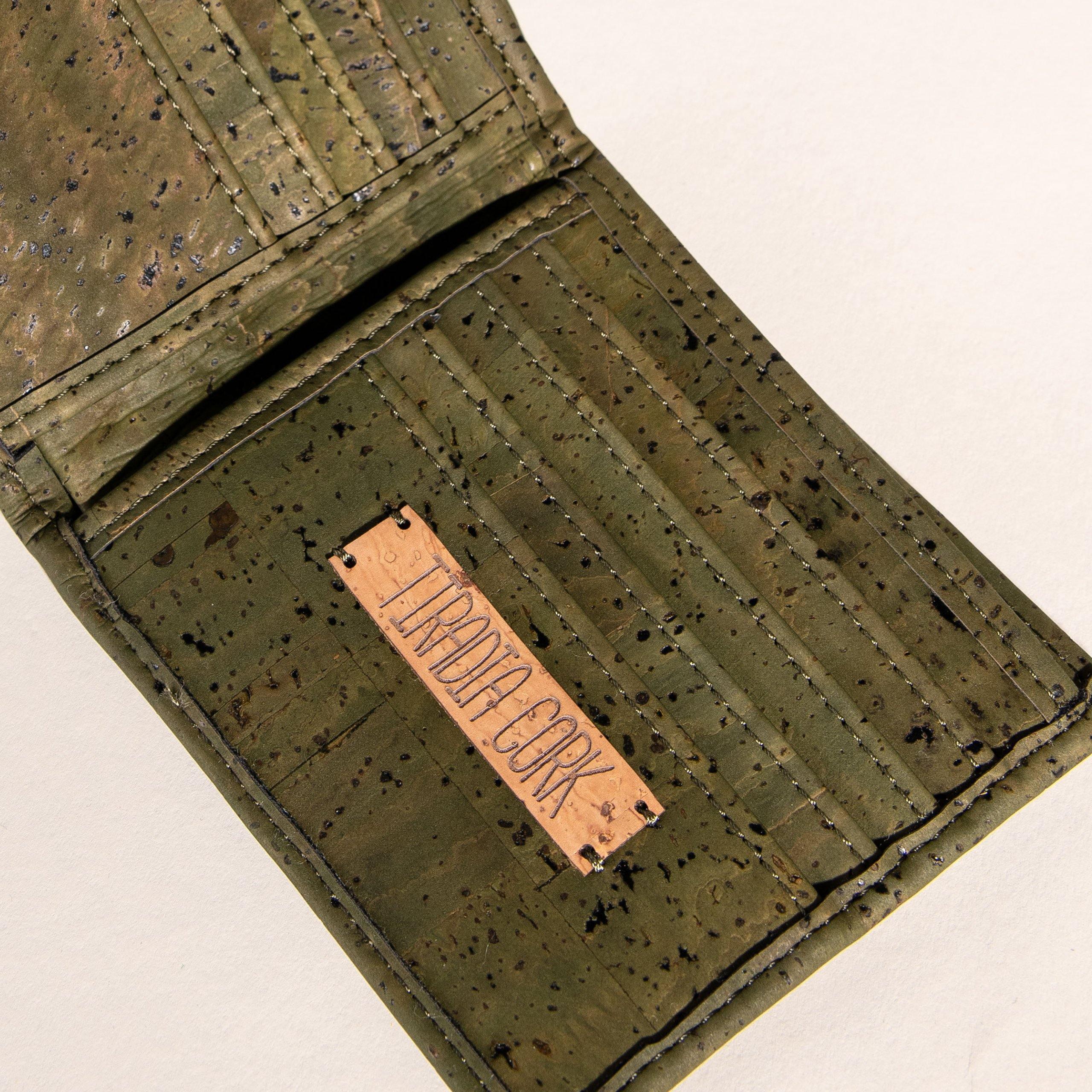 Sustainable green cork wallet with visible stitching and branded tag, Qu!rk Boutique gift.