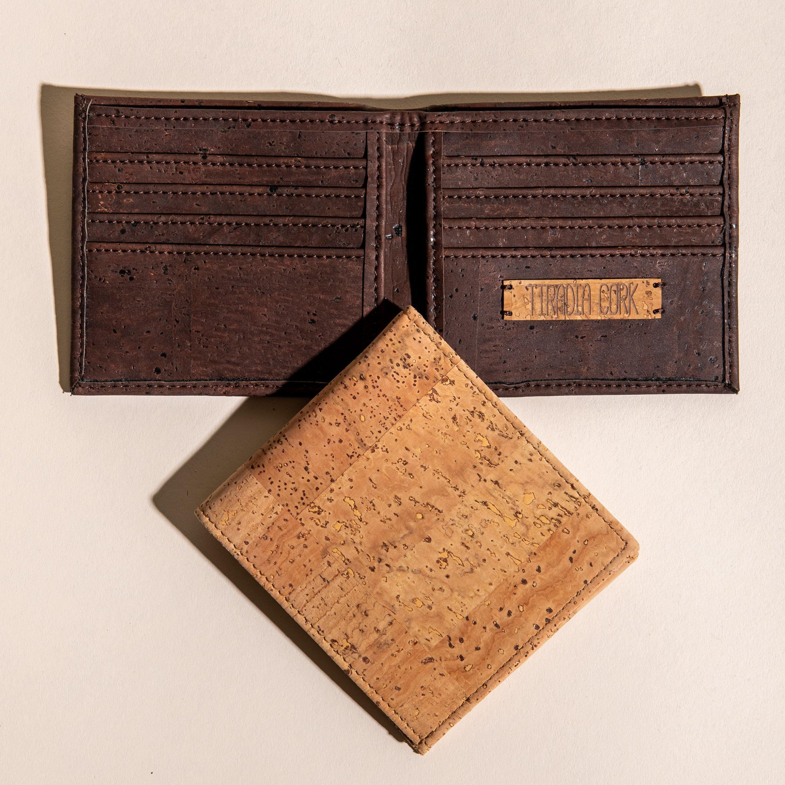Sustainable cork wallets in light and dark brown, artist-designed at Qu!rk Boutique.