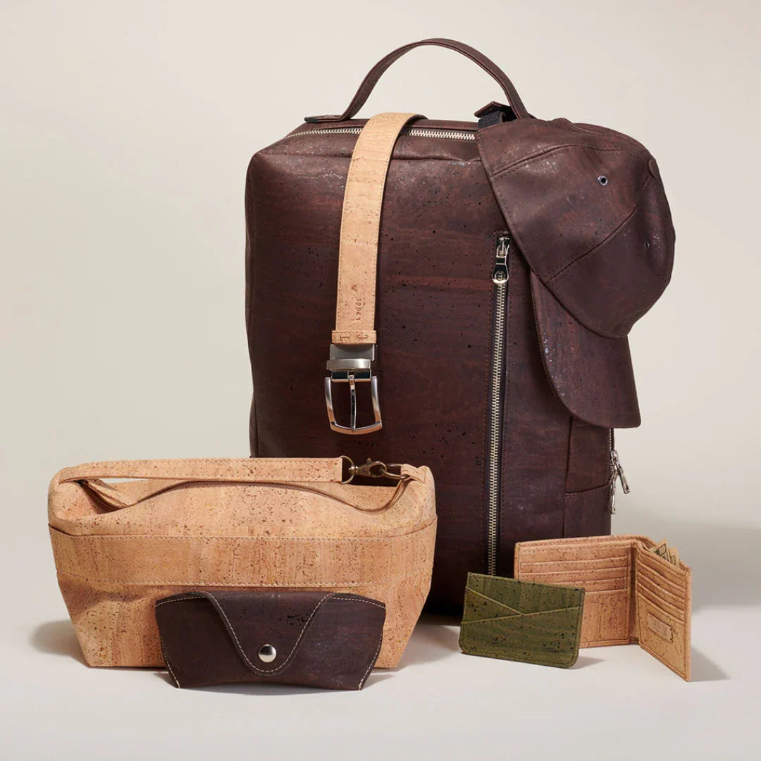 Eco-friendly cork accessories set with backpack, belt, wallets, case at Qu!rk Boutique