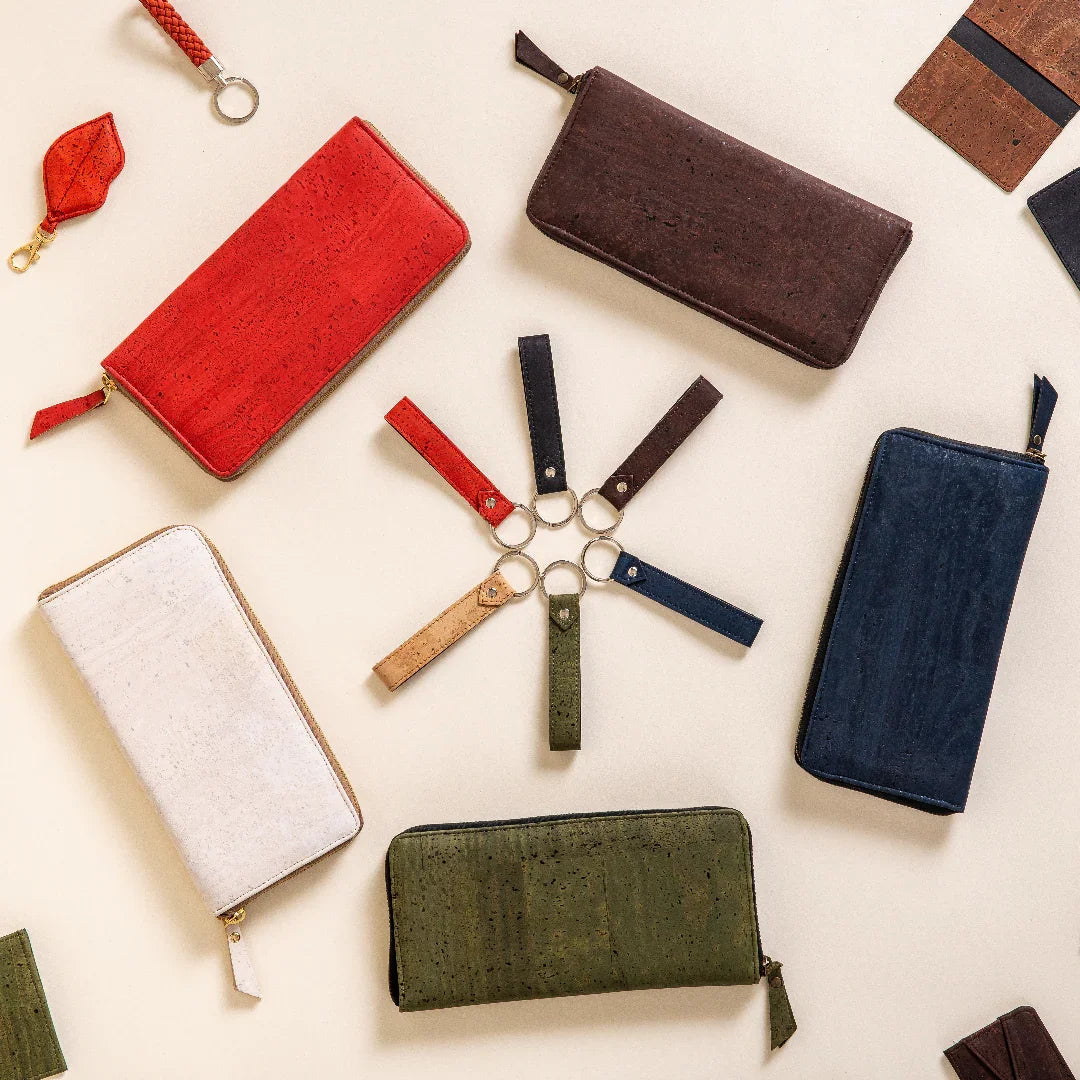 Colorful cork wallets and keychains on neutral background, eco-friendly accessories from Qu!rk Boutique