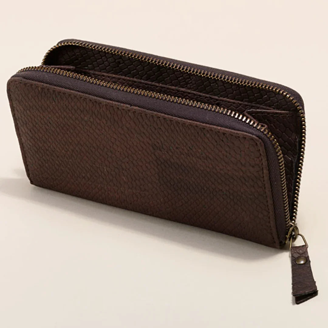 Textured brown zippered wallet, sustainable fashion accessory from Qu!rk Boutique