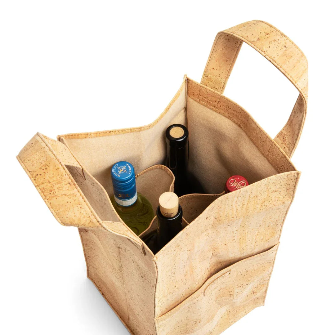 Eco-friendly cork wine tote with bottles, Qu!rk Boutique sustainable gift idea