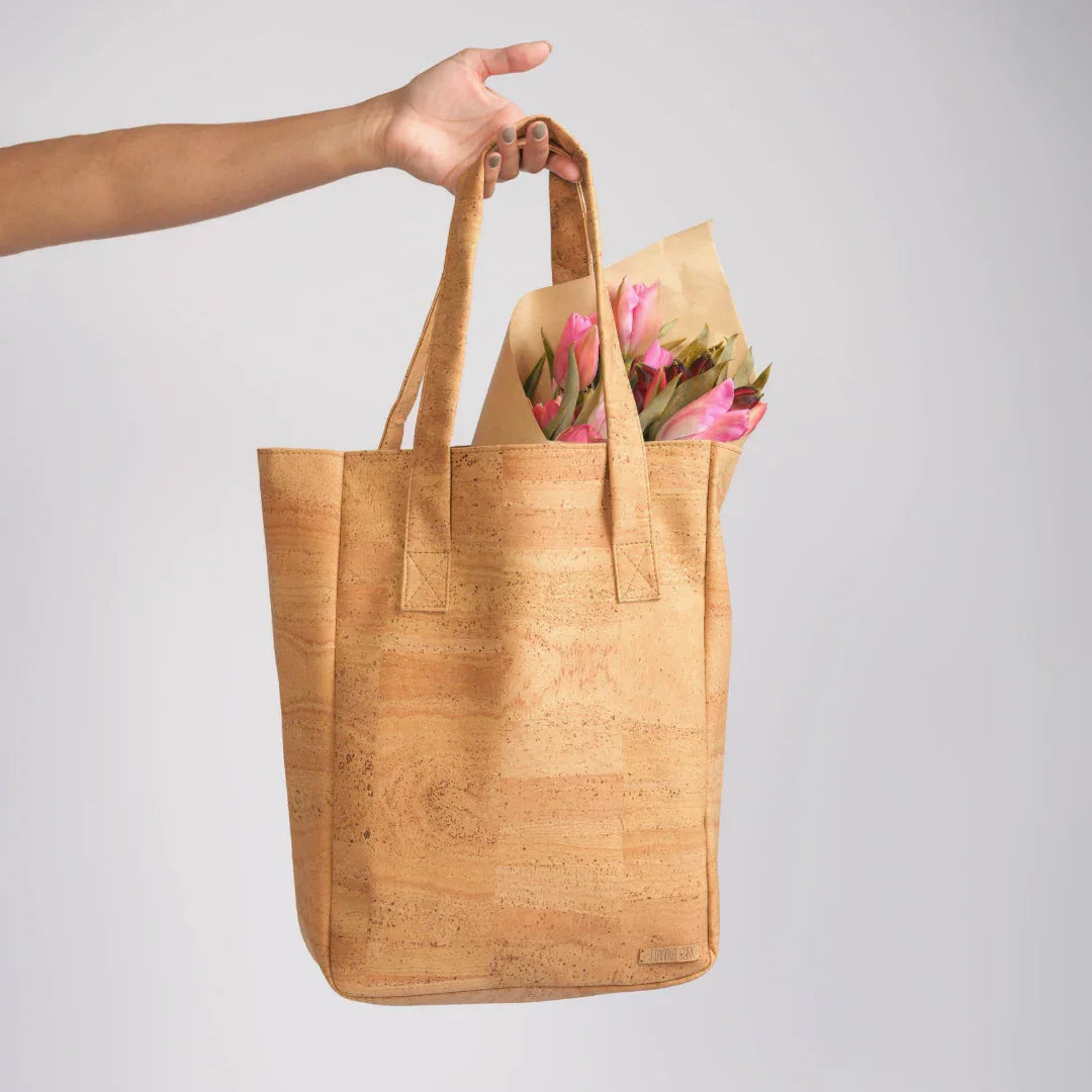 Sustainable cork tote bag with pink flowers, offered by Qu!rk Boutique & Gift Shop.