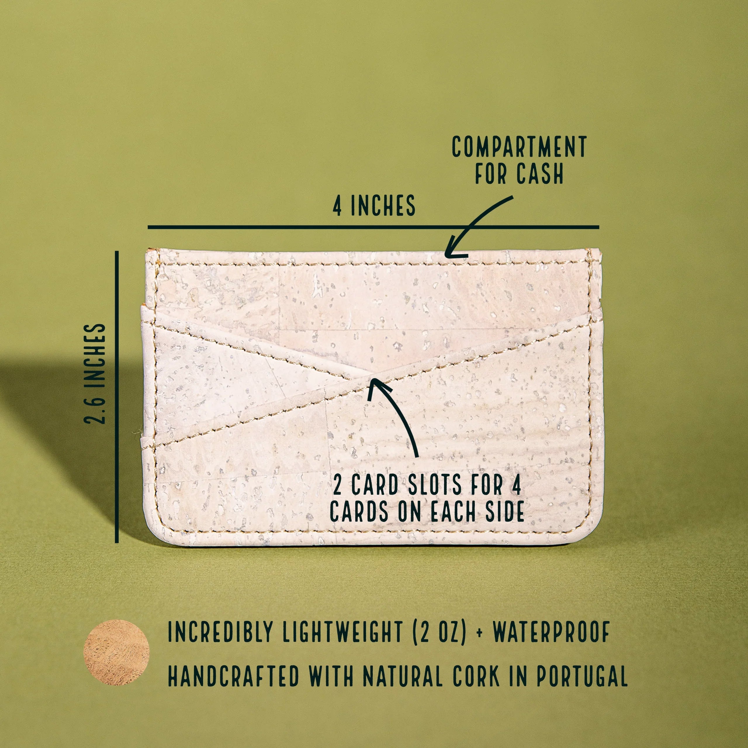 Natural cork cardholder wallet with cash compartment and card slots, handcrafted in Portugal, eco-friendly design on green background.