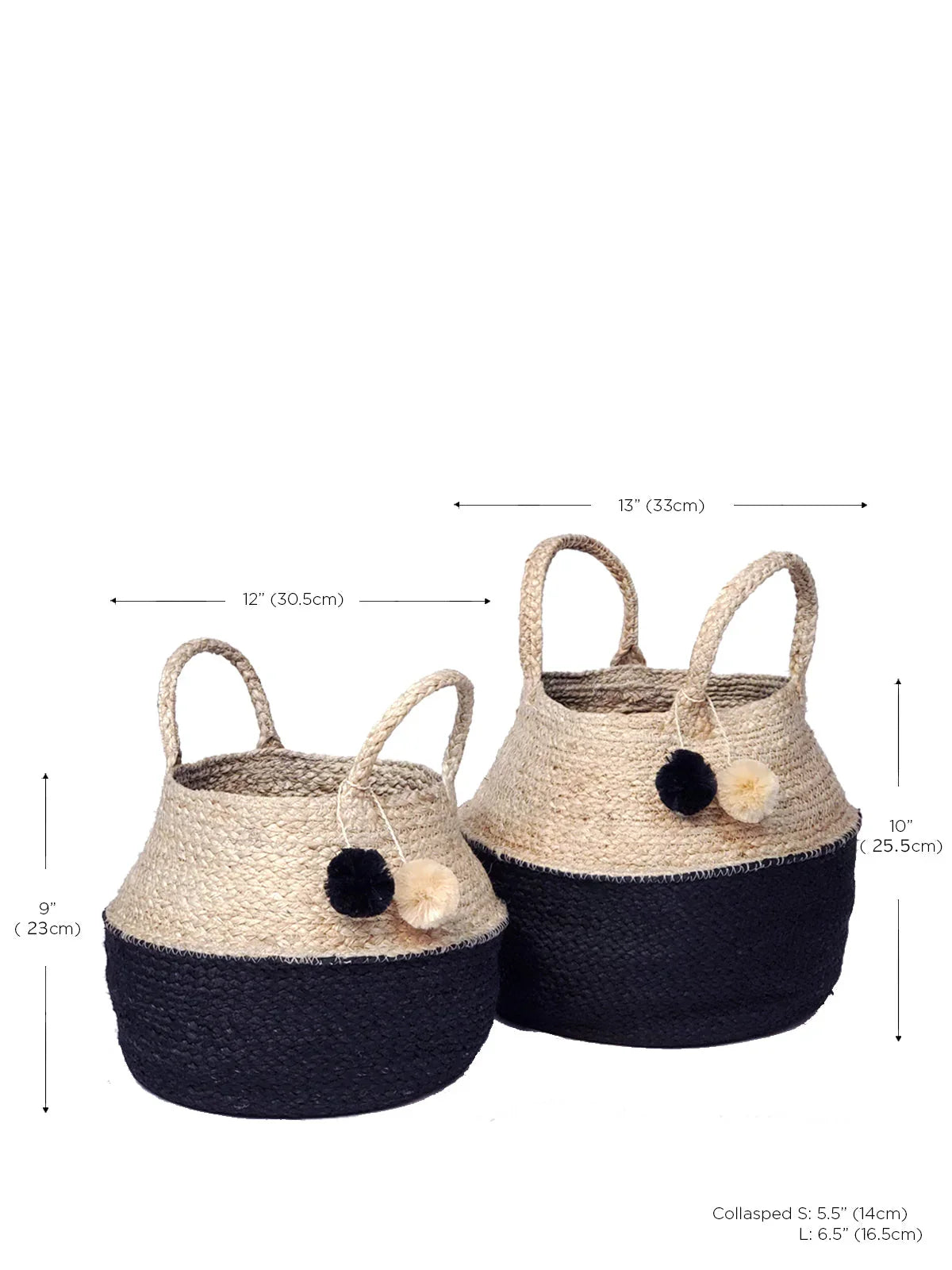Set of two woven seagrass baskets with black bottoms and pom pom accents, shown with sizing details.