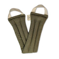 Olive green padded fabric lifting straps with beige handles for weightlifting