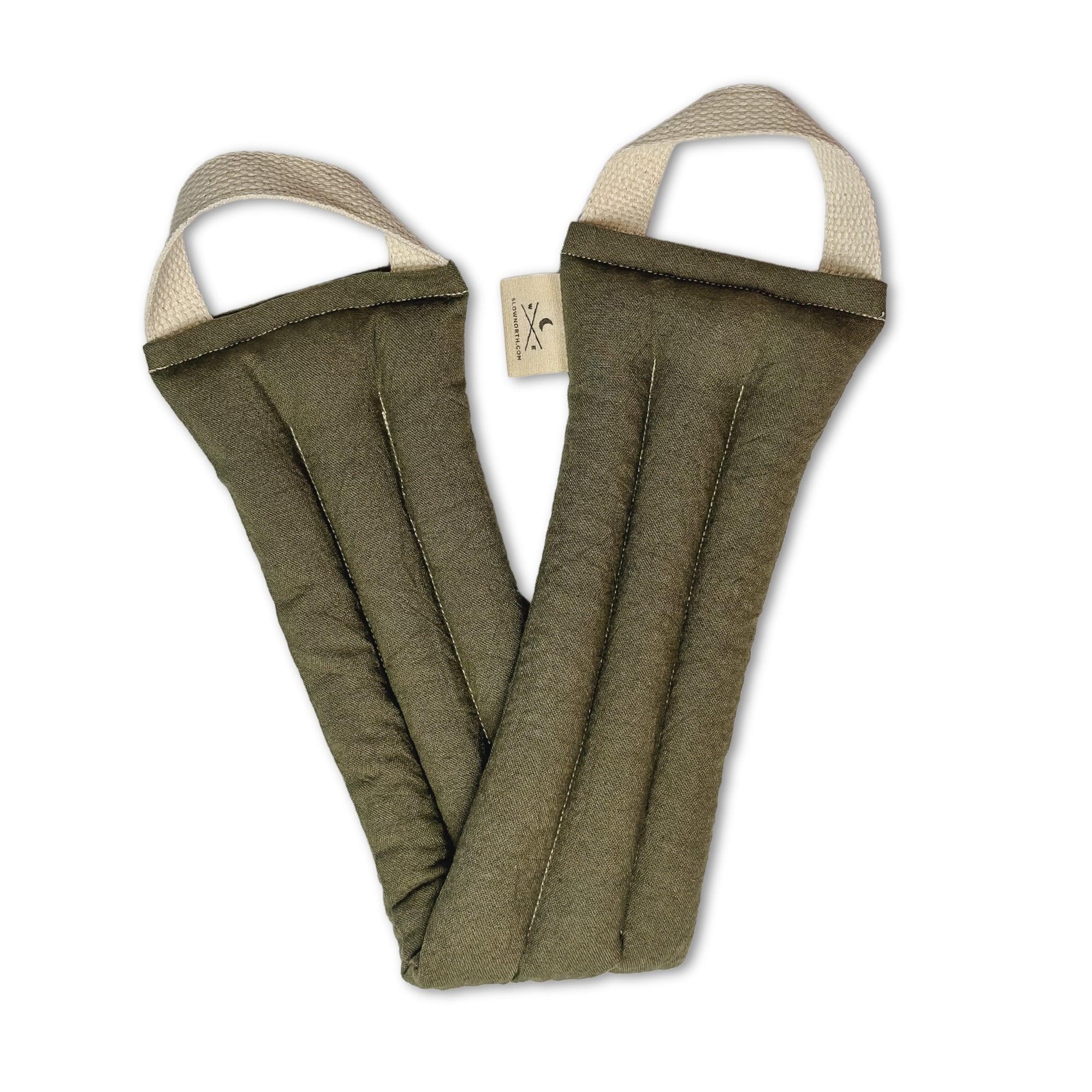 Olive green padded fabric lifting straps with beige handles for weightlifting