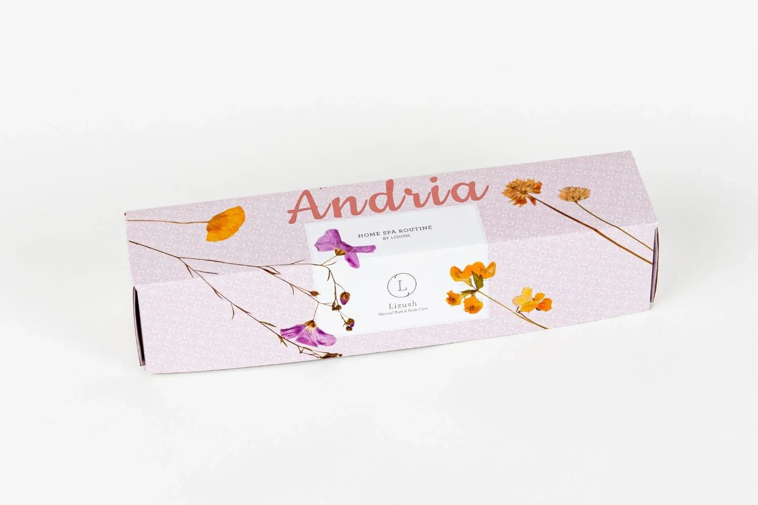 Personalized lavender-colored gift box with dried flowers and label for home spa routine by Lizush