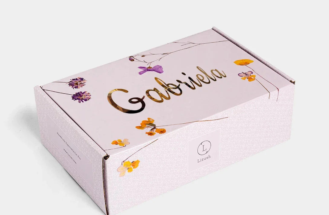 Personalized natural bath and body gift set box with floral accents from Qu!rk Boutique
