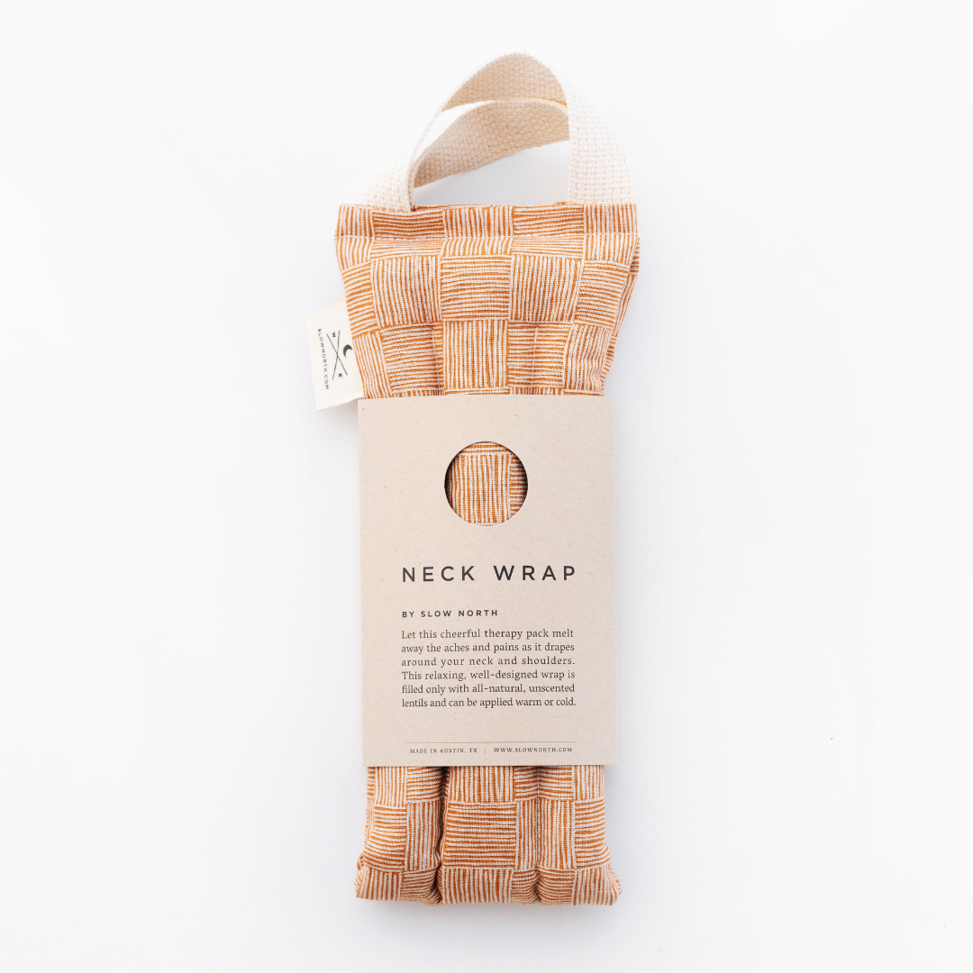 Copper Fields patterned neck wrap by Slow North with natural cotton strap and packaging label