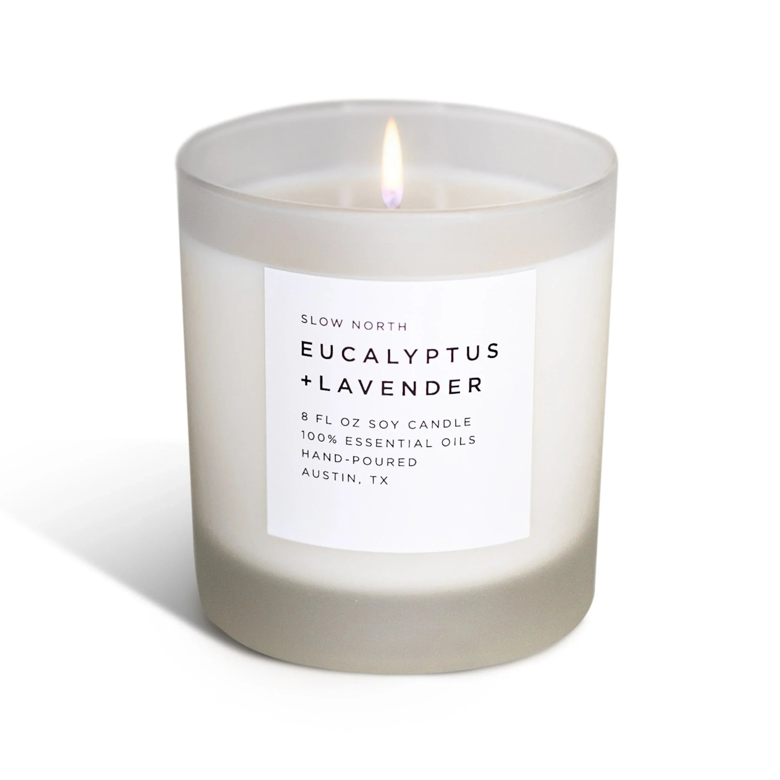 Slow North eucalyptus lavender soy candle in frosted glass, hand-poured, boutique gift