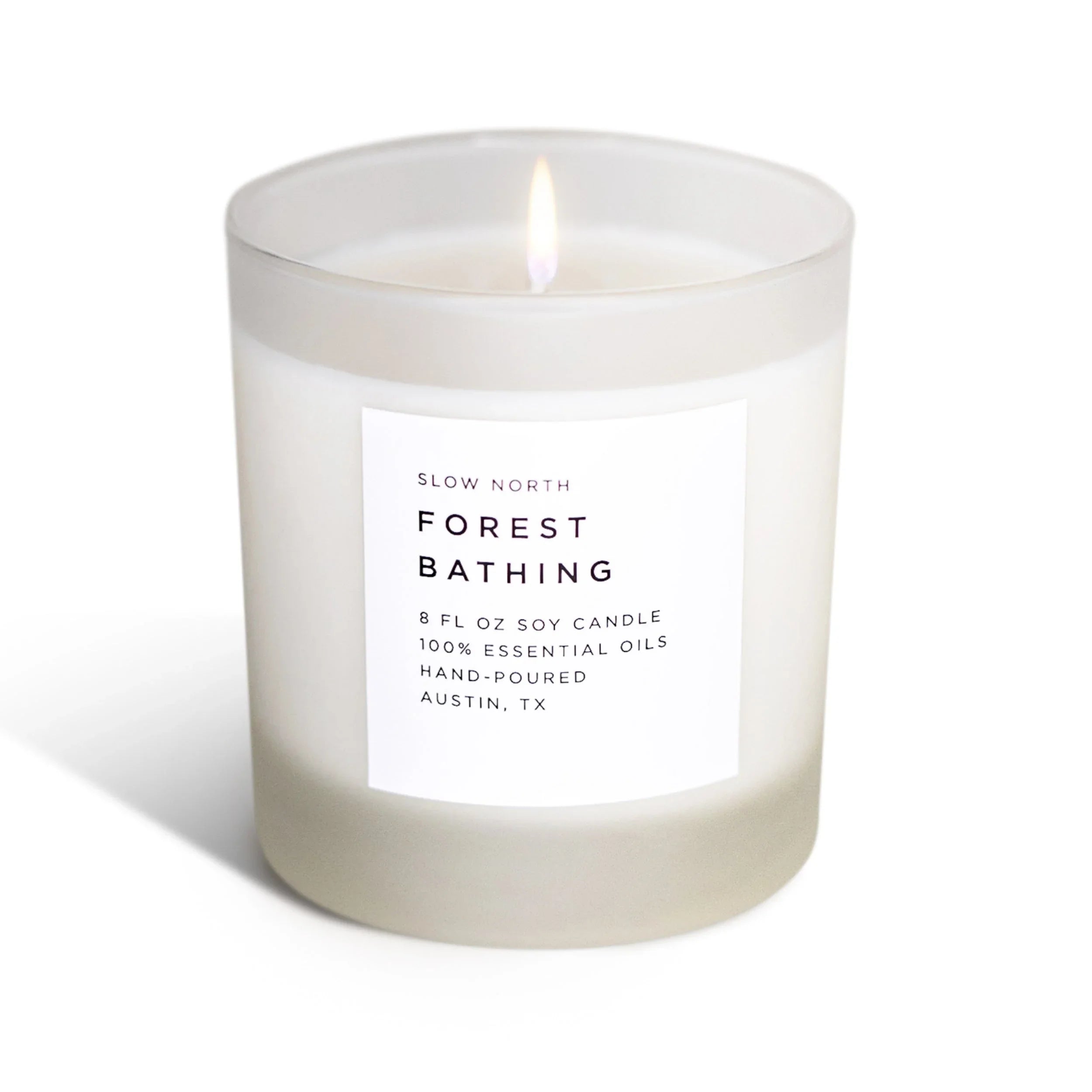Forest Bathing non-toxic soy candle in frosted glass, hand-poured, at Qu!rk Boutique.