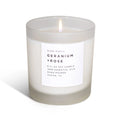 Slow North Geranium Rose soy candle in frosted glass, hand-poured, on white background