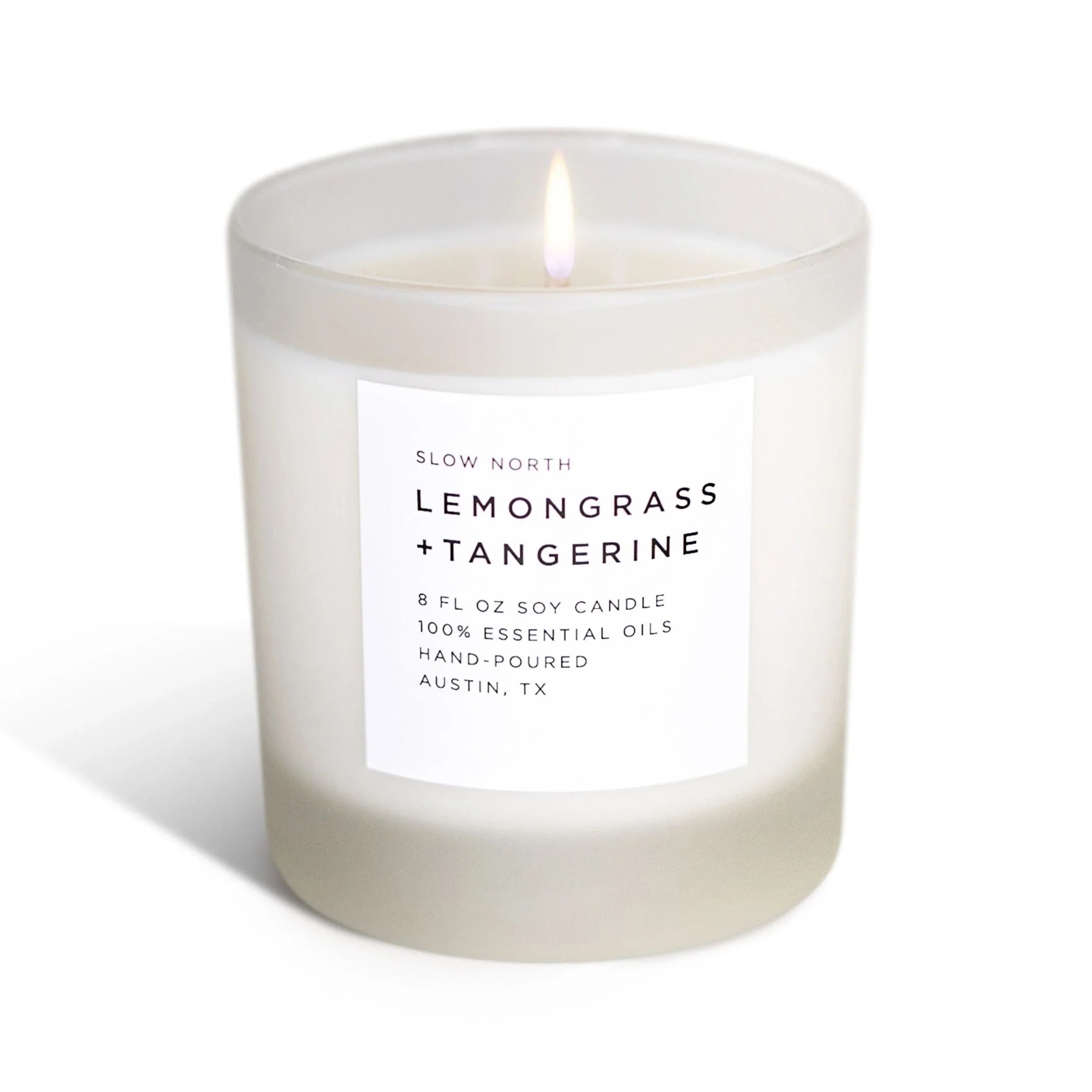 Lemongrass tangerine soy candle in frosted glass, hand-poured, eco-friendly gift at Qu!rk Boutique
