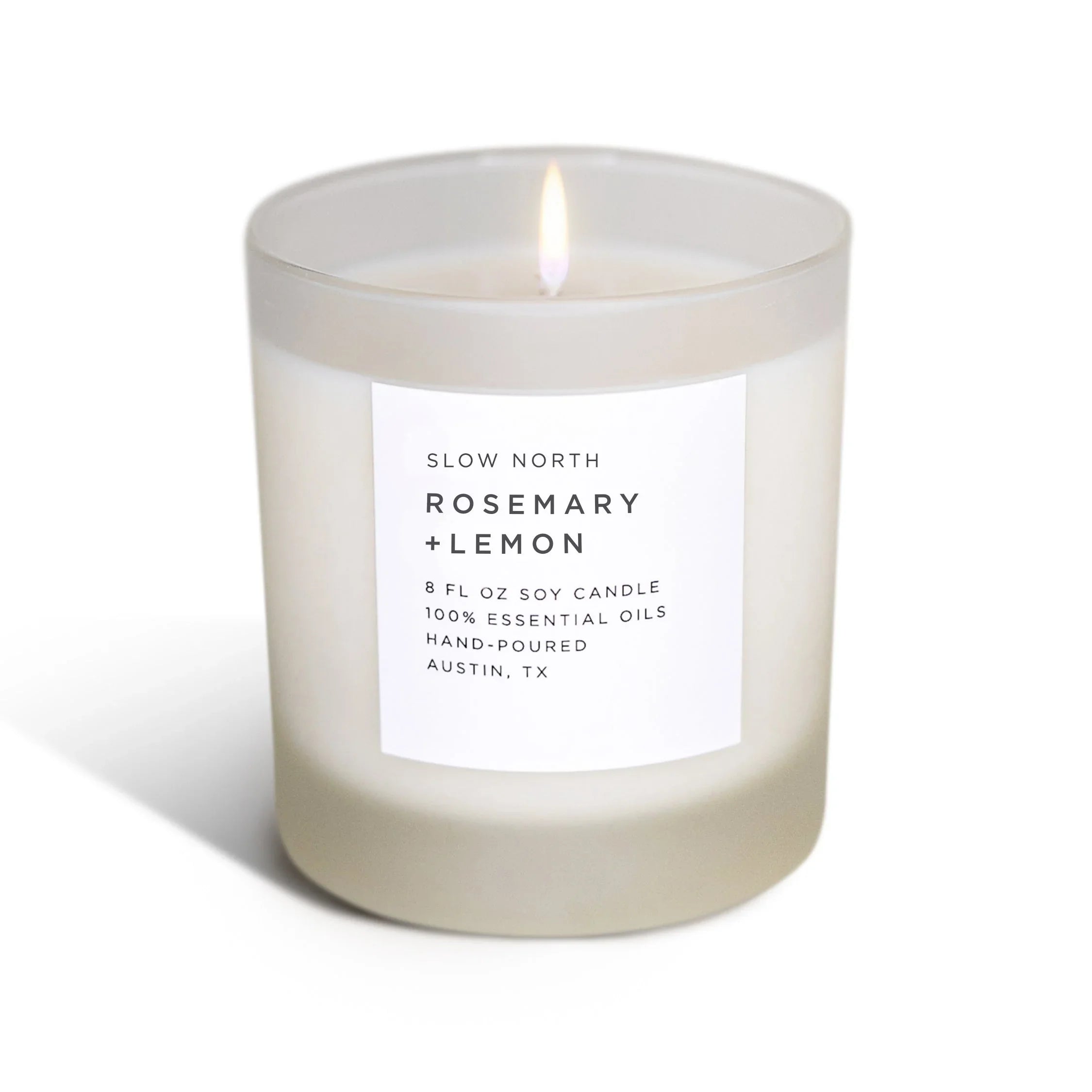 Slow North rosemary and lemon soy candle in frosted glass jar, hand-poured, eco-friendly gift
