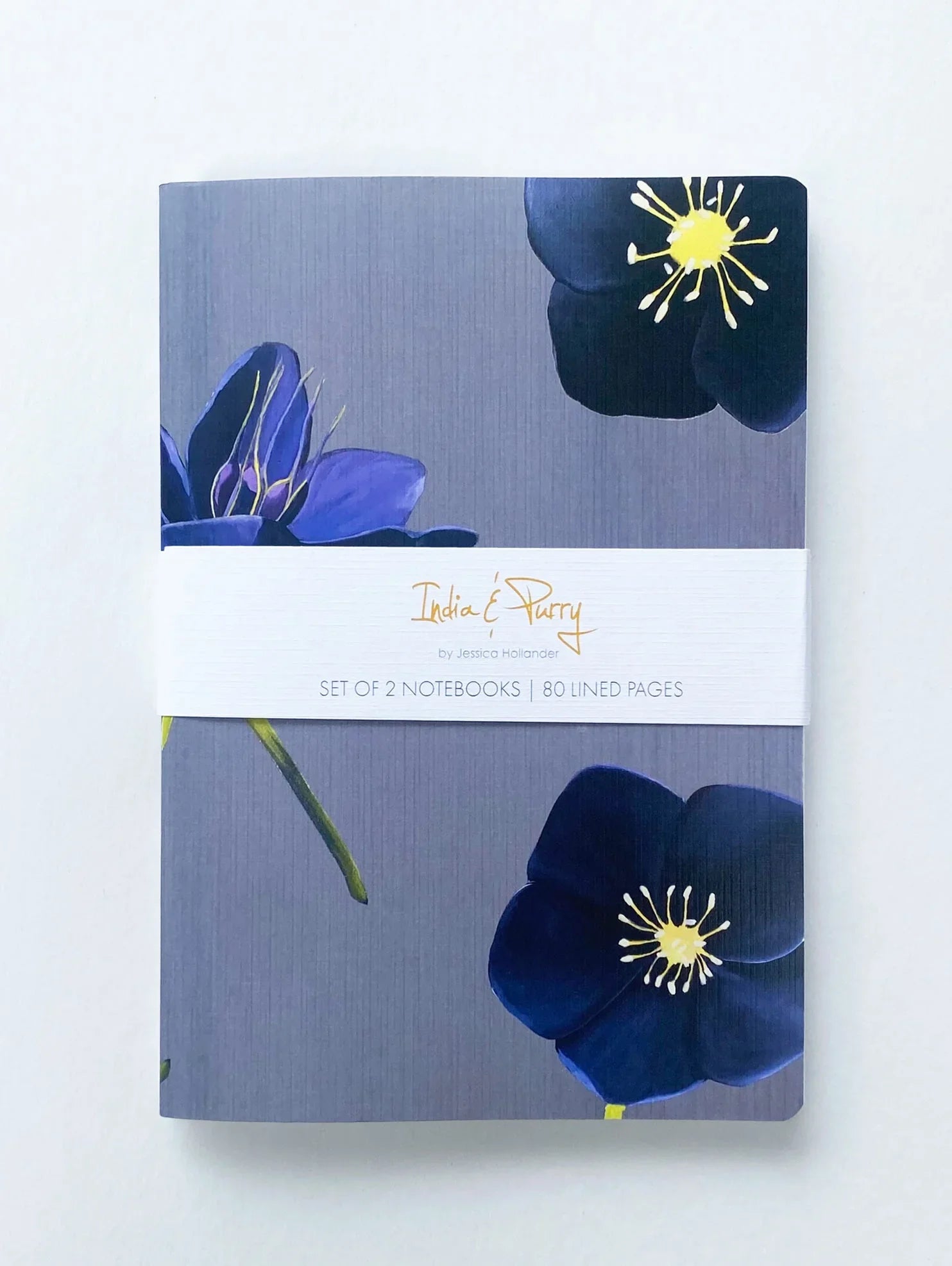 Set of 2 lined notebooks with black and blue hellebore and scabiosa floral cover design