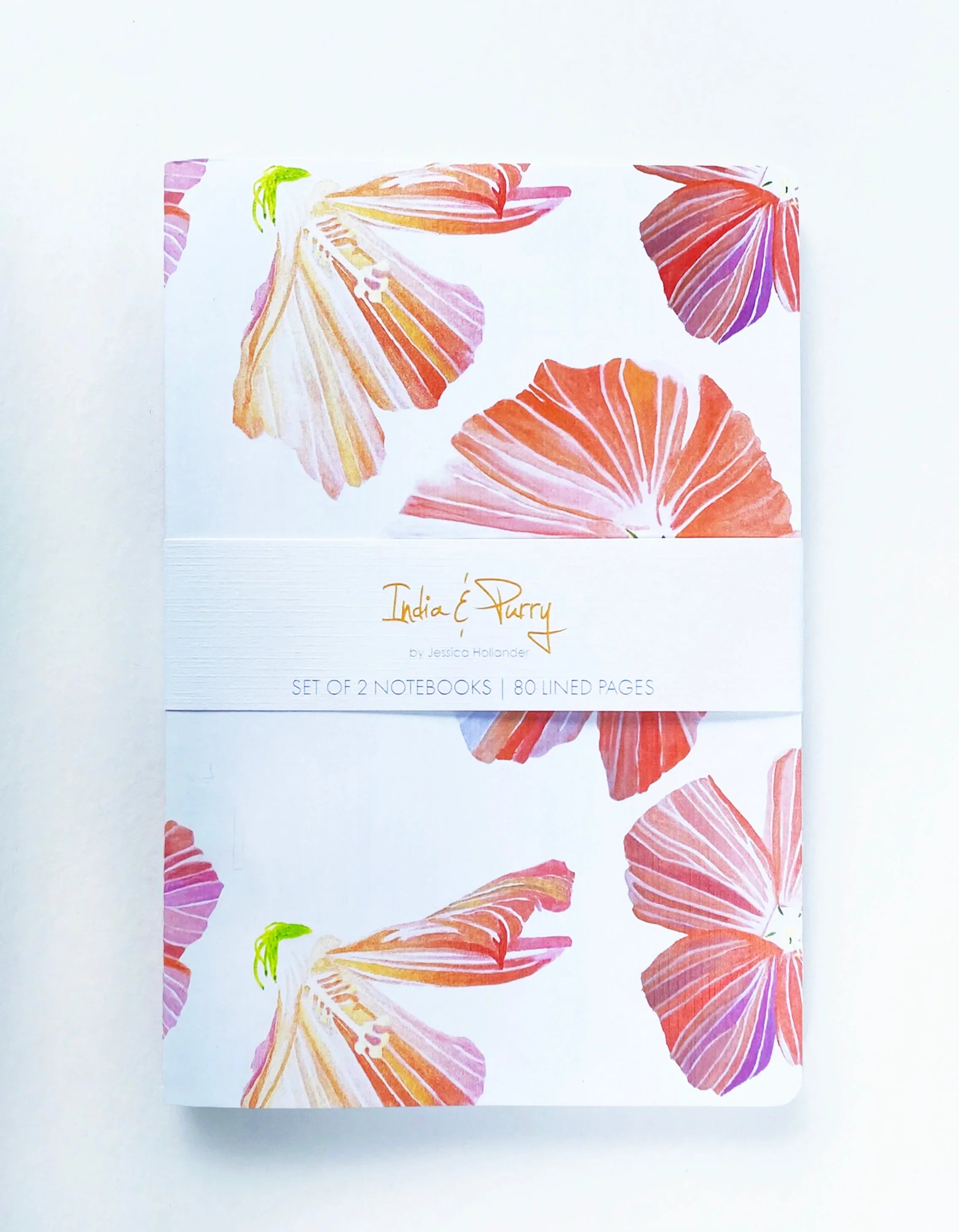 Set of 2 India & Purry notebooks with orange and purple hibiscus flower covers
