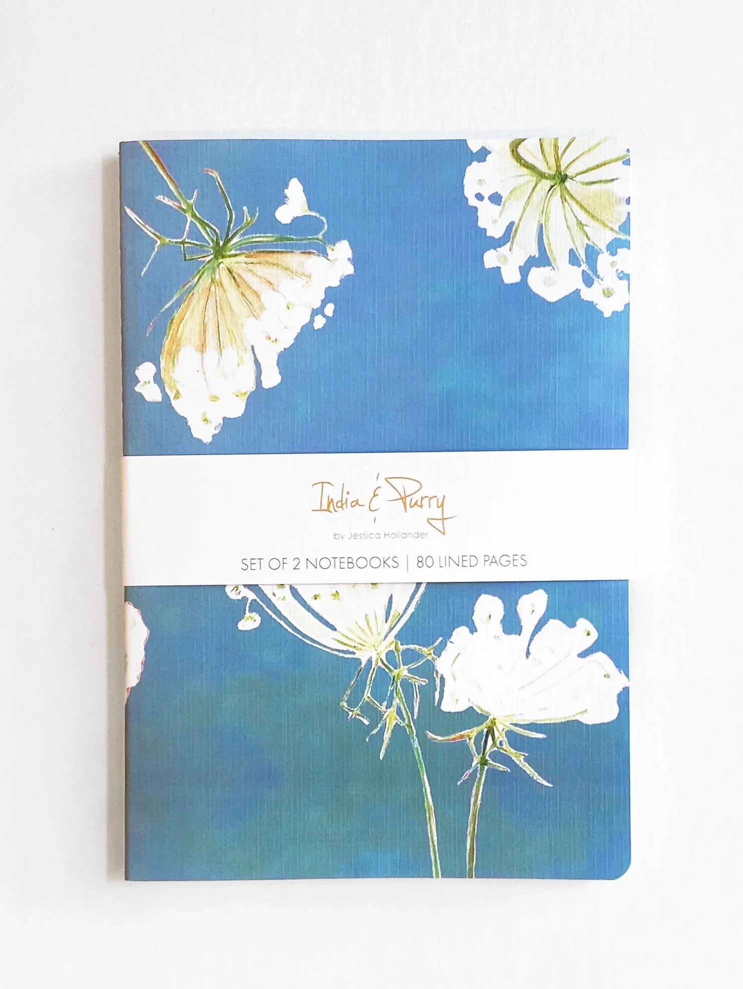 Set of 2 lined notebooks with blue cover featuring white Queen Anne's Lace flowers by India & Purry