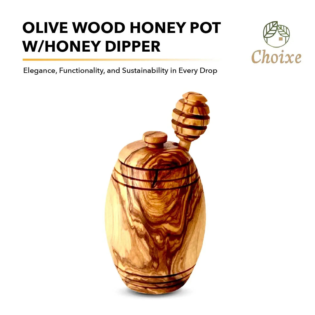 Olive wood honey pot with lid and honey dipper, showcasing natural wood grain and smooth finish