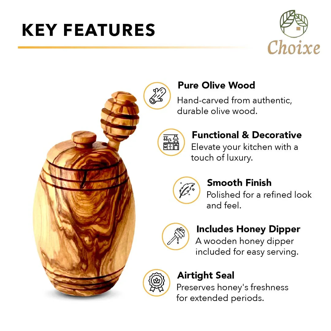 Hand-carved olive wood honeypot with honey dipper, smooth finish, airtight seal for honey storage