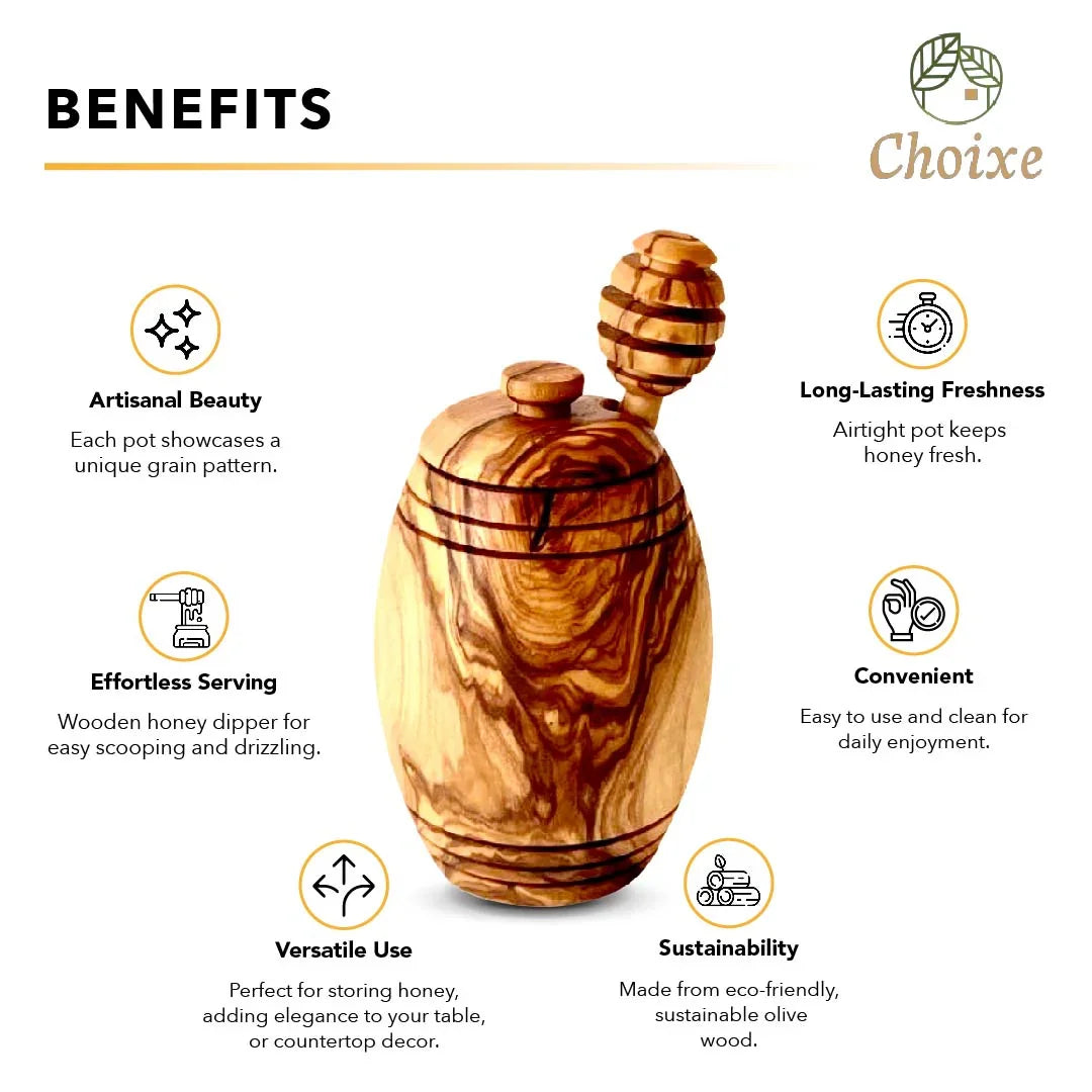 Olive wood honey pot with lid and honey dipper showcasing natural grain, artisanal and eco-friendly kitchenware