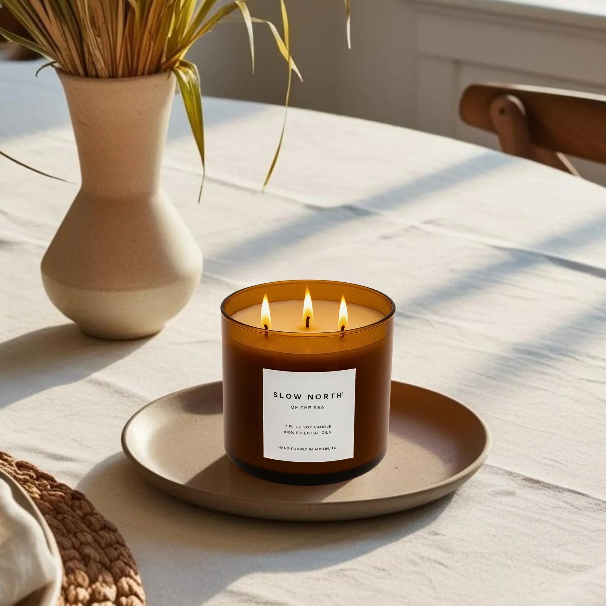 Relaxing lavender eucalyptus peppermint non-toxic candle in amber glass on table, Qu!rk Boutique