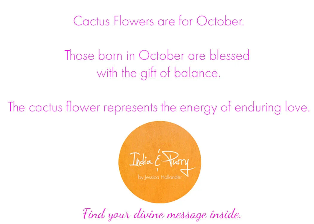 Text about October cactus flowers symbolizing balance and enduring love with India & Purry logo