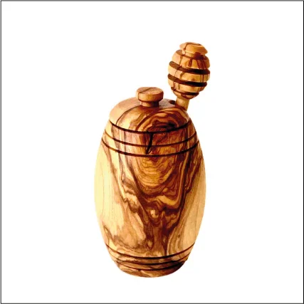 Olive wood honey pot with lid and honey dipper, natural wood grain, handcrafted kitchenware