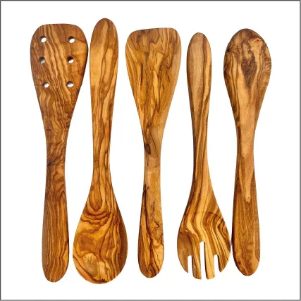 5-piece olive wood kitchen server set including spatula, spoon, slotted spoon, fork, and flat paddle