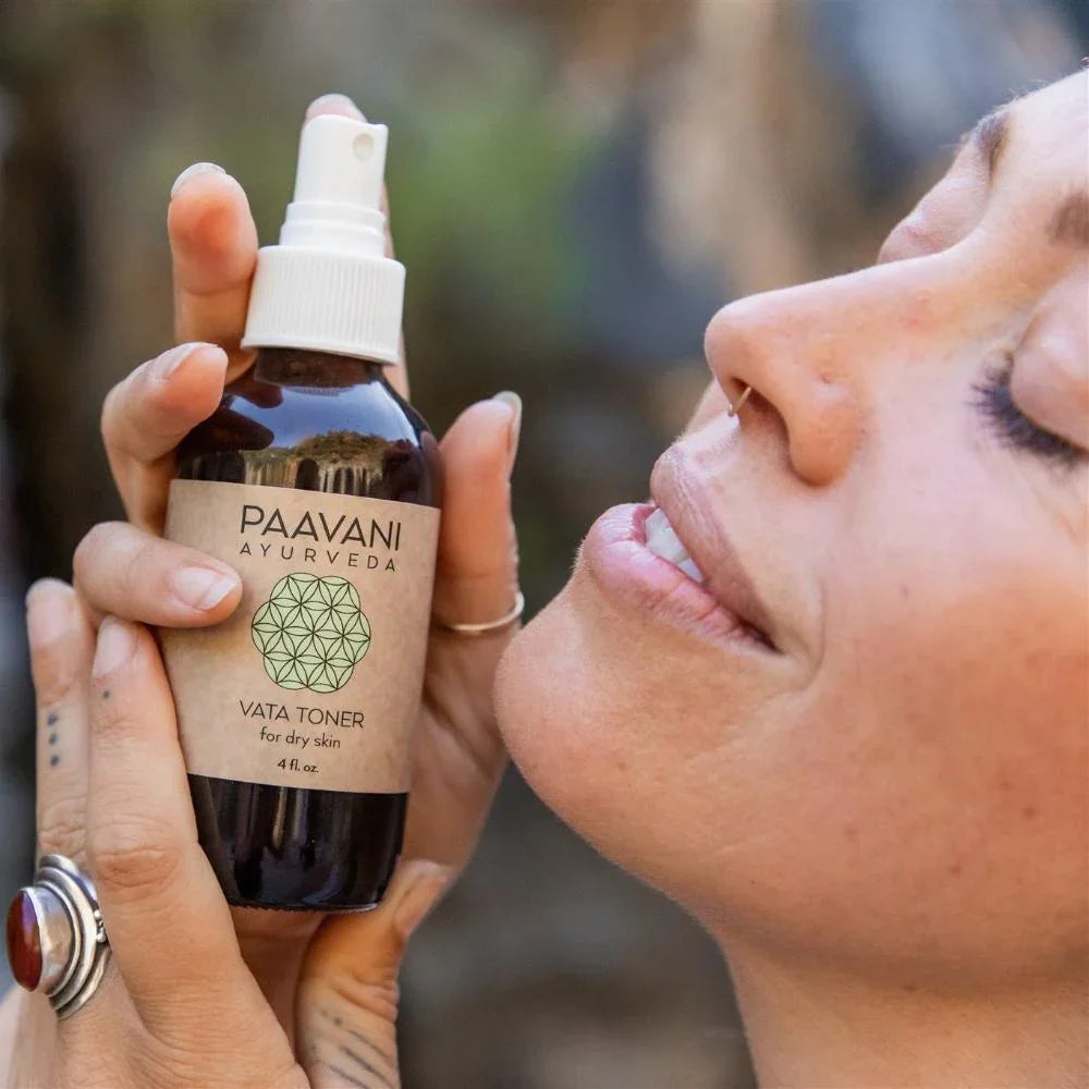 Woman holding PAAVANI Ayurveda Vata Toner for dry skin, natural skincare at Qu!rk Boutique