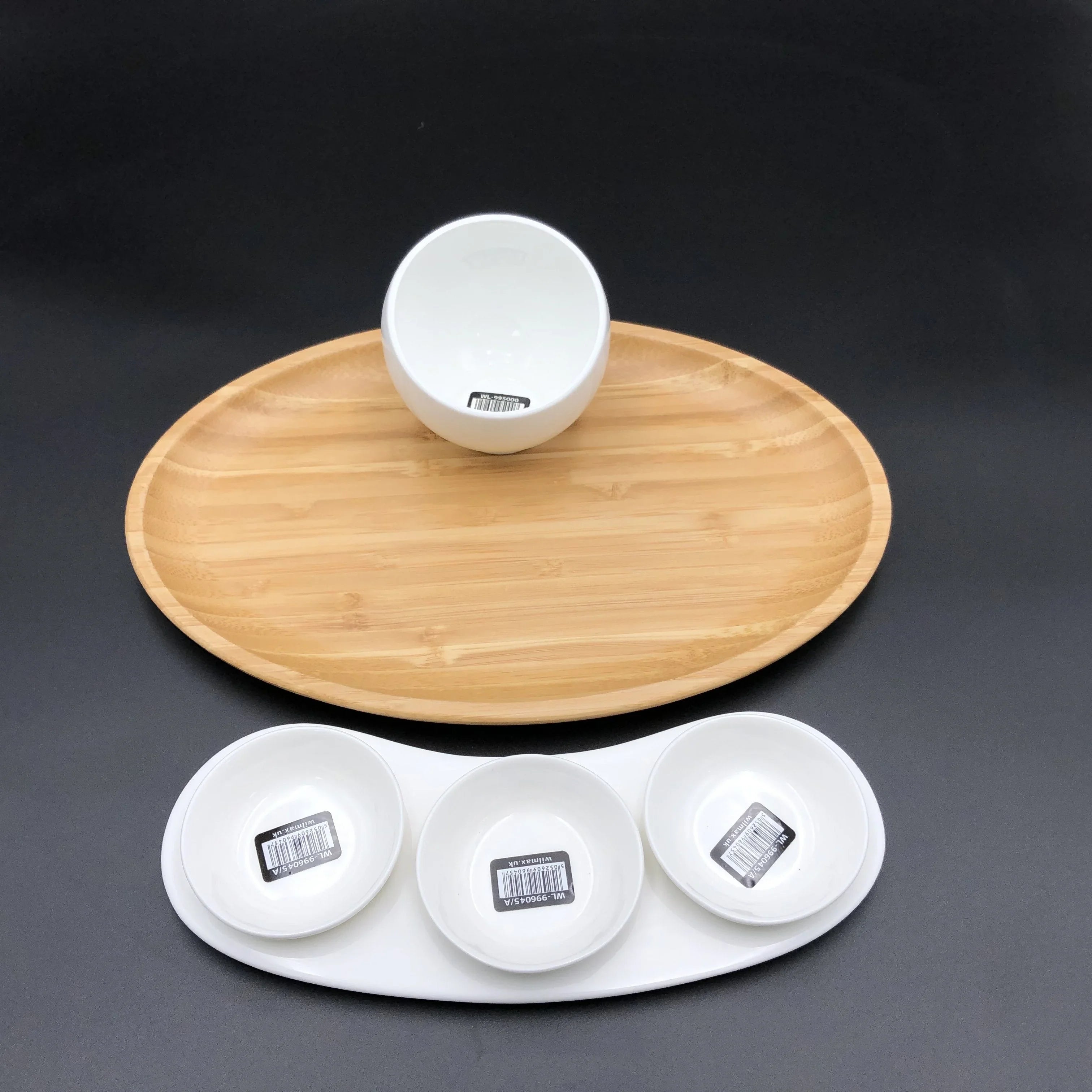 Bamboo serving tray with round white ceramic bowls set, modern tableware from Qu!rk Boutique