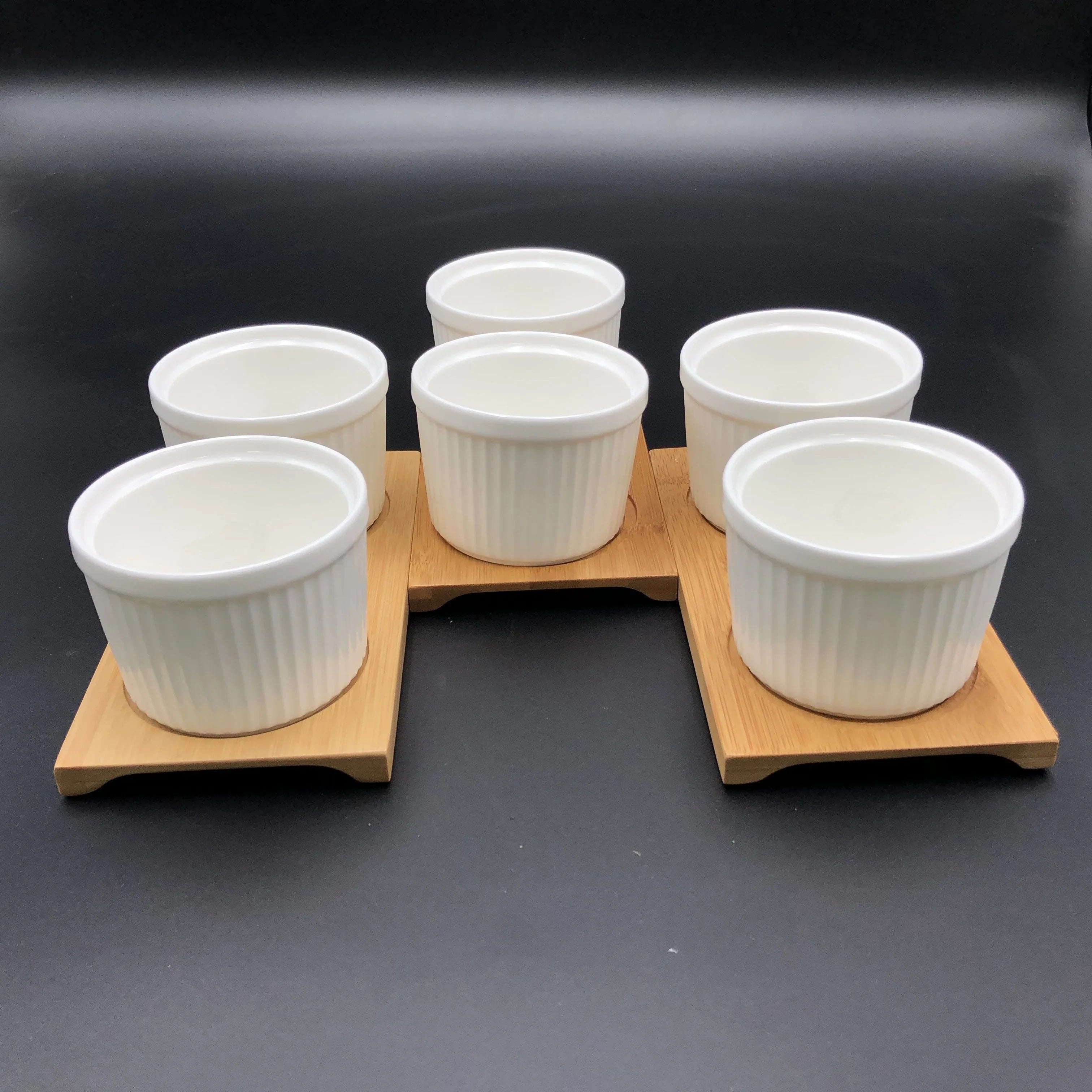 Set of six white ceramic ramekins on bamboo trays, modern kitchen gift at Qu!rk Boutique
