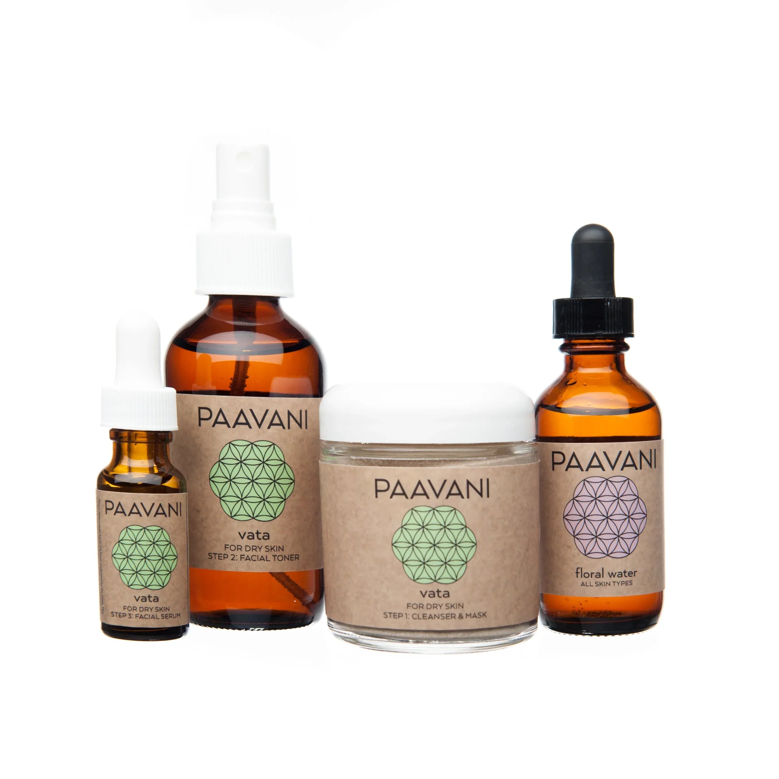 Paavani Ayurvedic skincare set with facial toner, cleanser mask, serum, and floral water