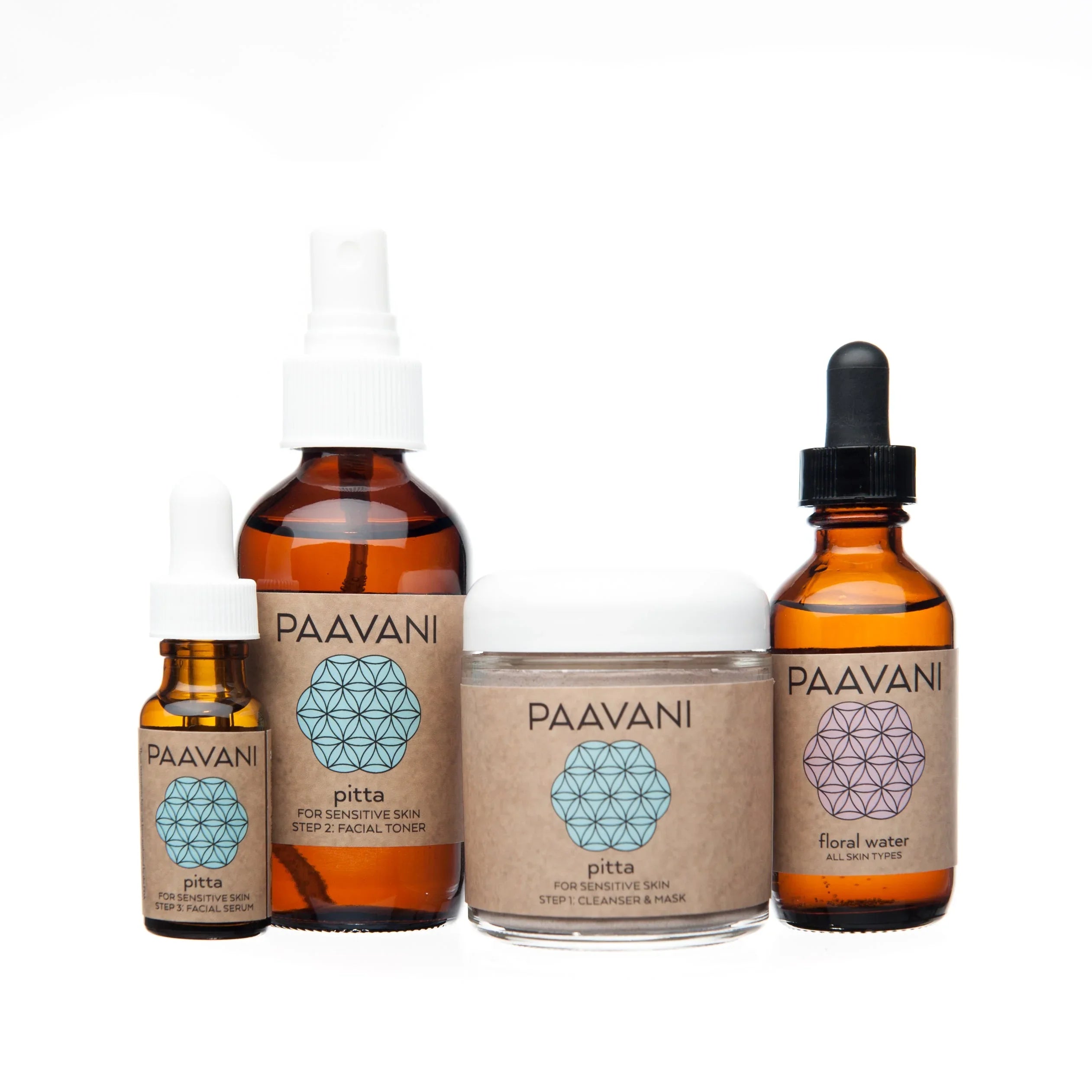 Paavani Ayurveda skincare gift set with facial toner, floral water, serum, and mask jars