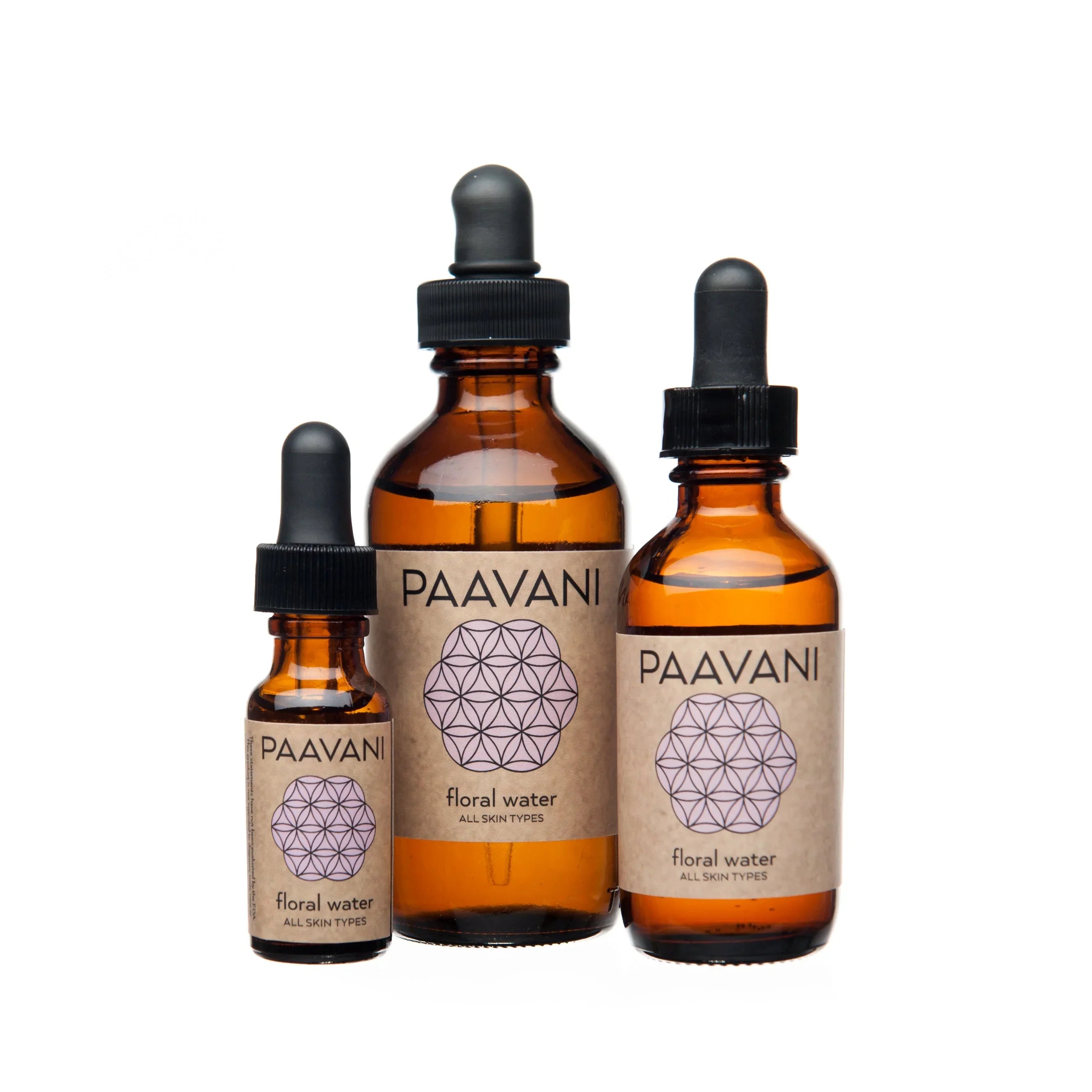 PAAVANI floral water bottles with dropper tops, natural skincare at Qu!rk Boutique