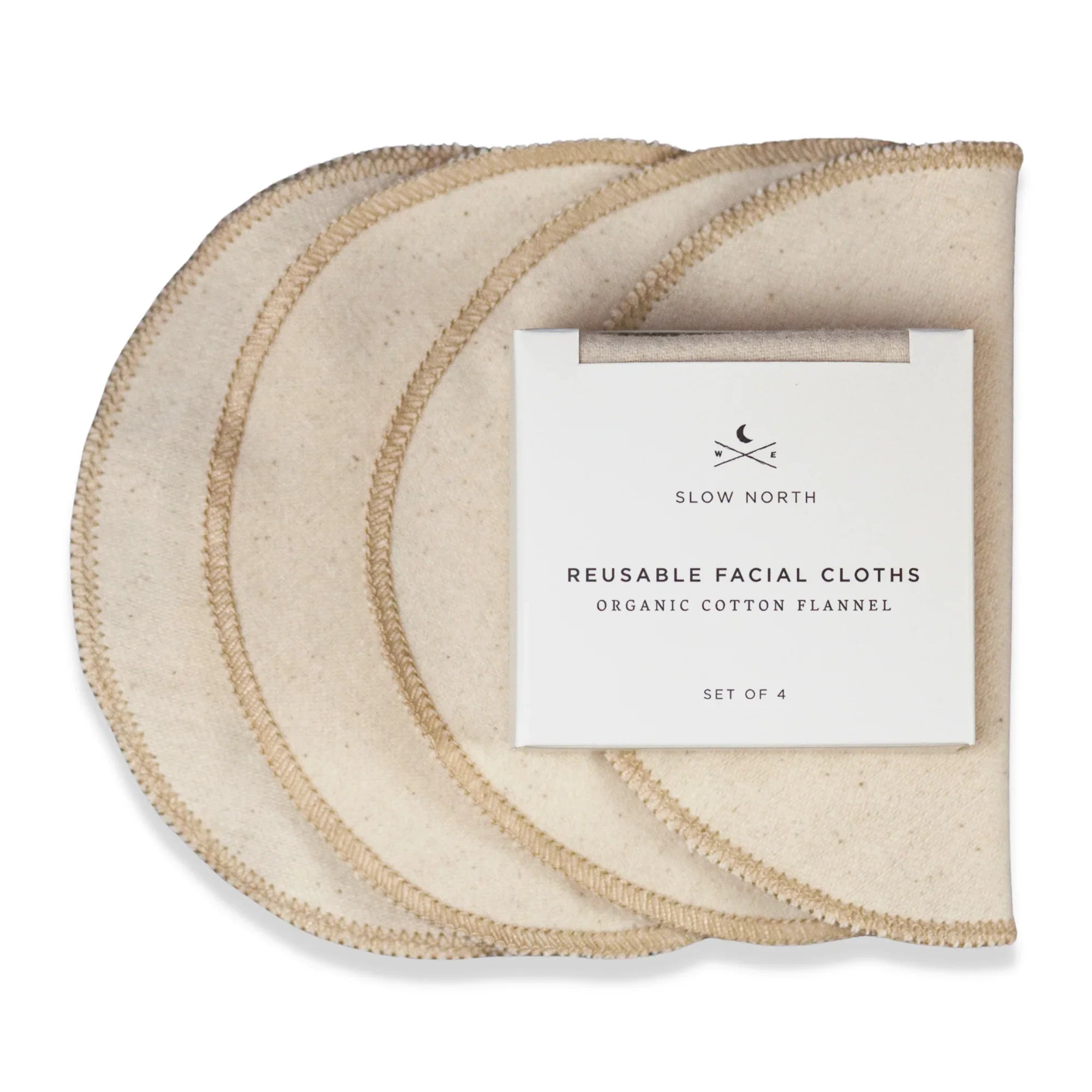 Set of 4 beige organic cotton flannel reusable facial cloths with stitched edges and Slow North packaging