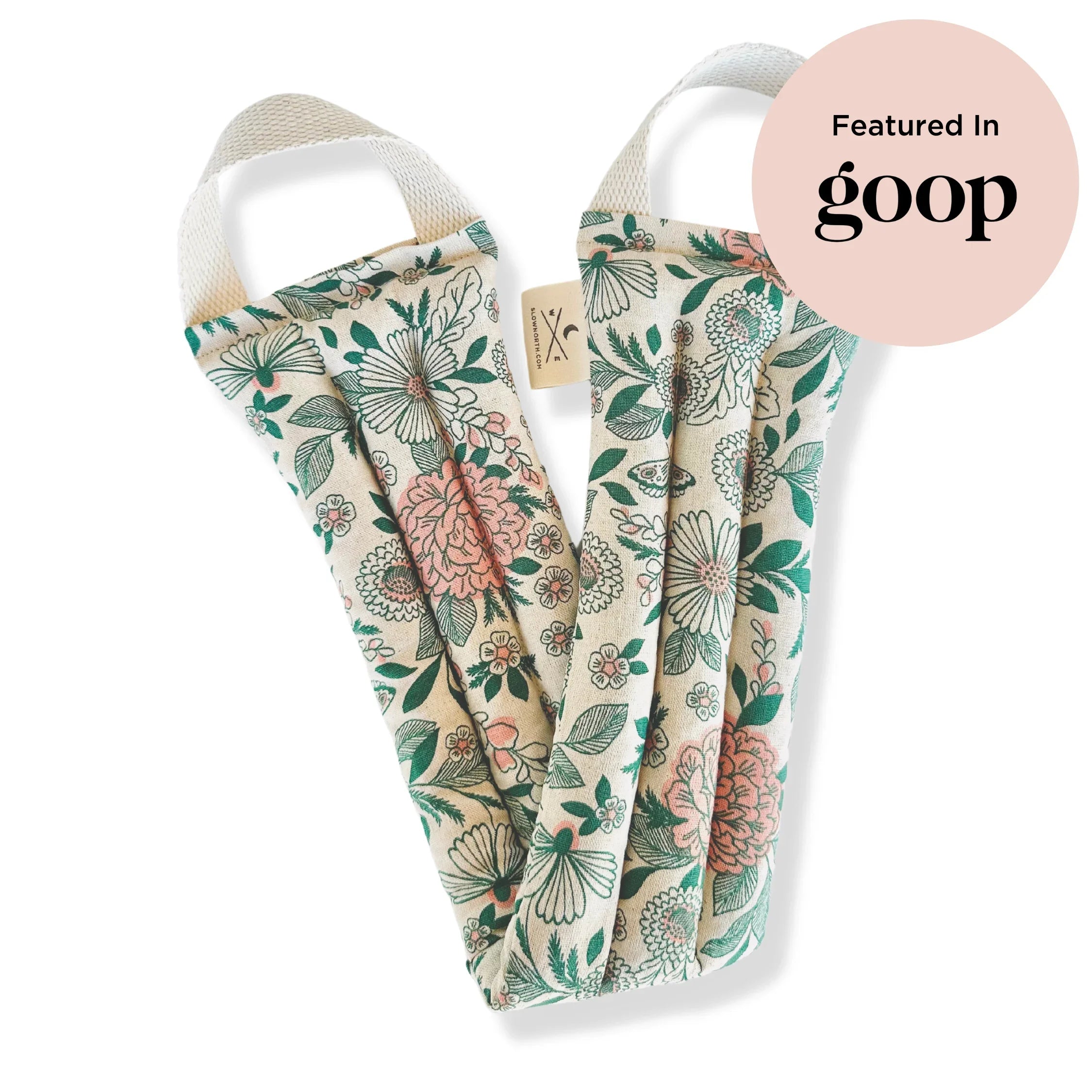 Floral print fabric body scrubber with handles, featured in goop, Qu!rk Boutique gift