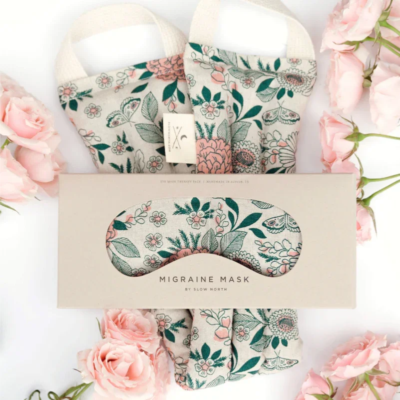 Floral migraine mask by Slow North, eco-friendly eye mask with pastel flowers, gift shop product