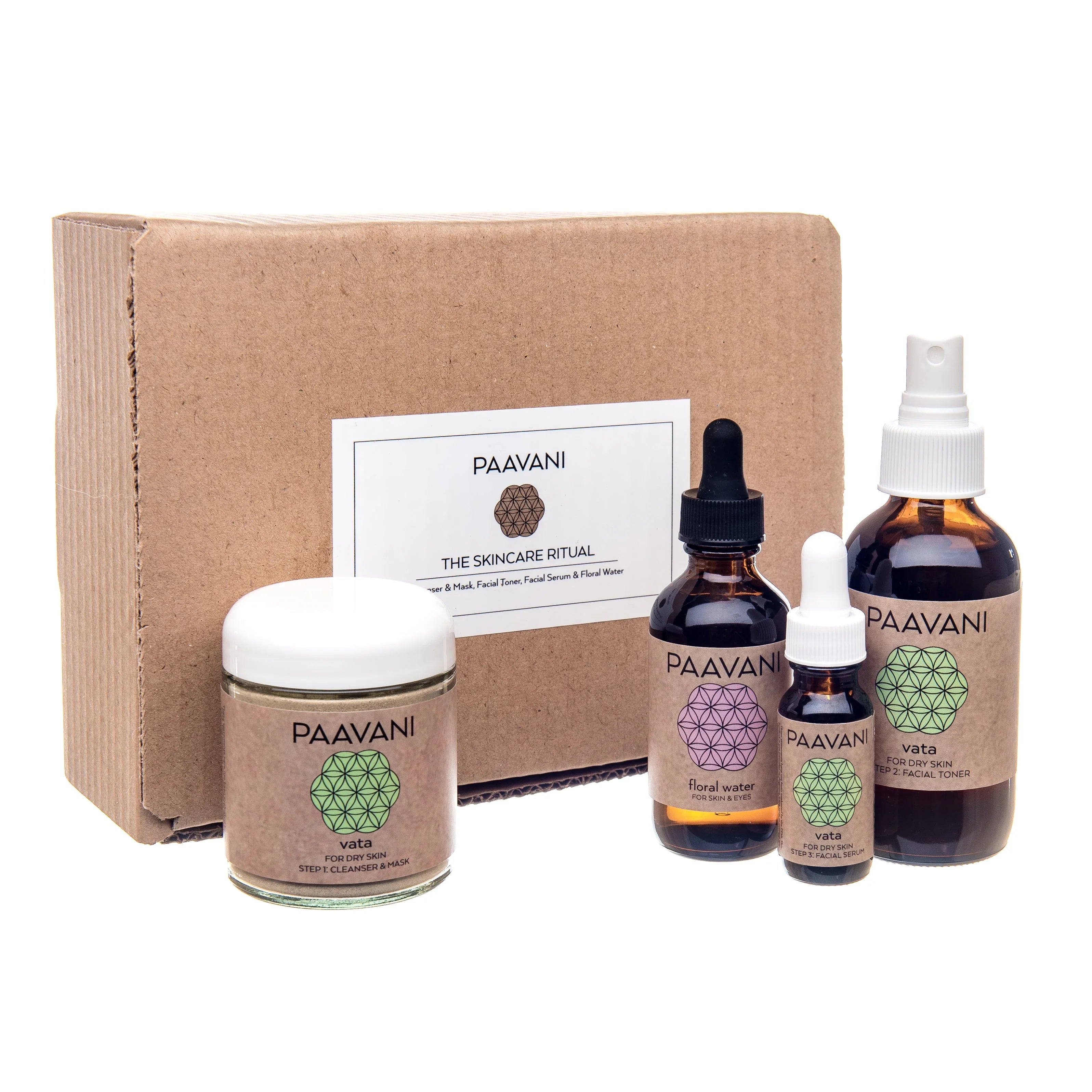 Paavani Ayurveda skincare gift set with cleanser, toner, serum, and floral water bottles
