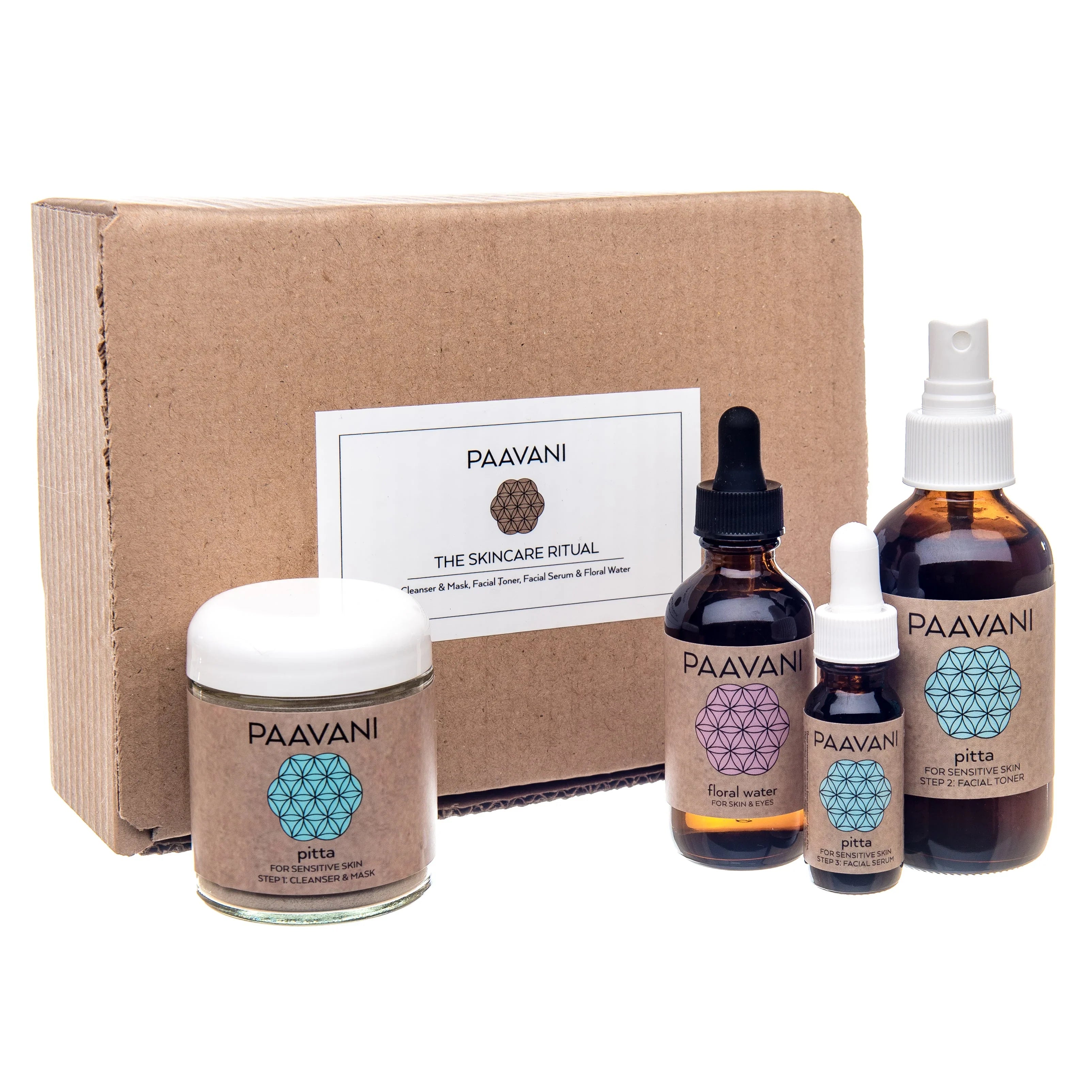 Paavani Ayurveda skincare ritual set with cleanser, toner, serum, and floral water, eco-friendly packaging