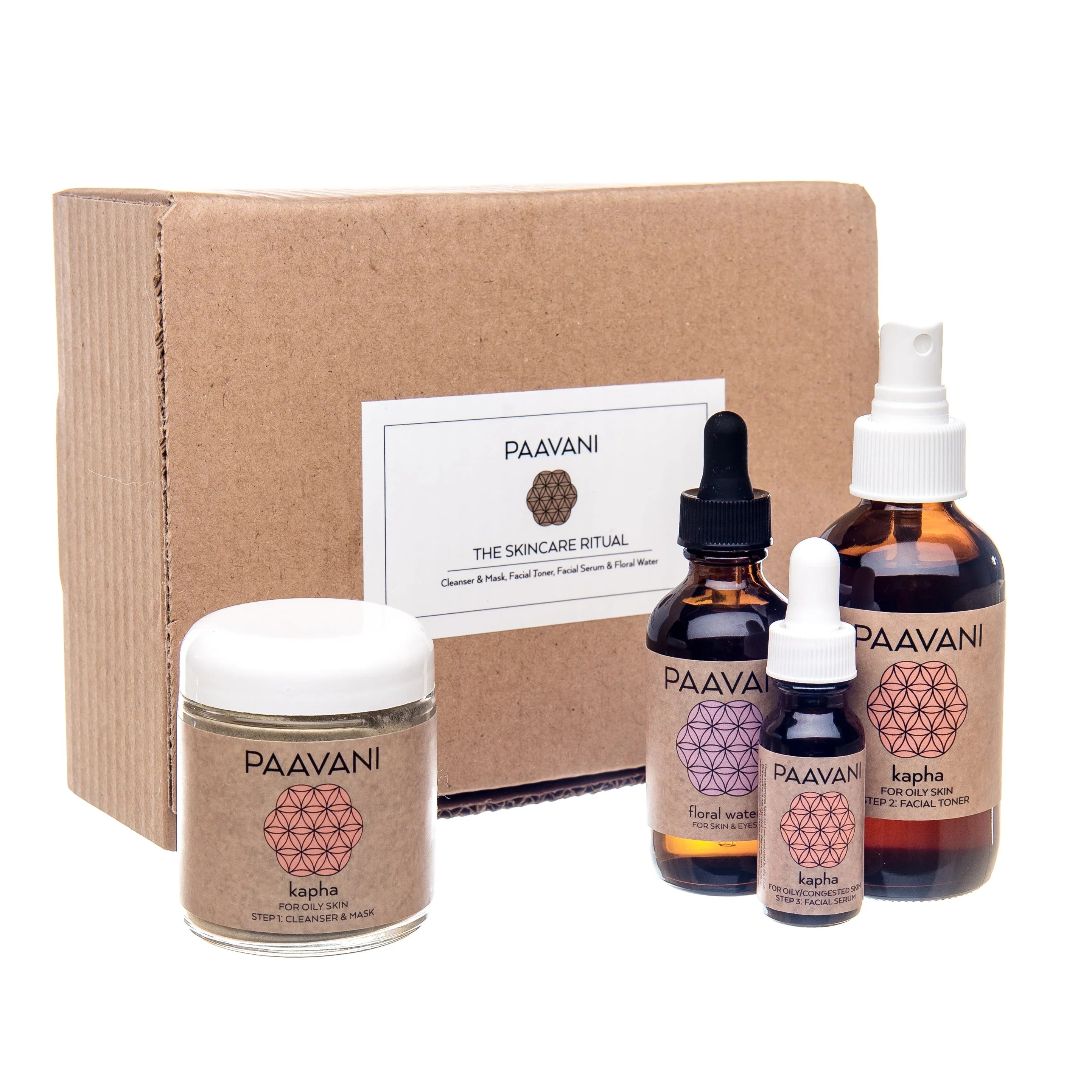 Paavani skincare ritual gift set with cleanser, toner, serum, and floral water bottles