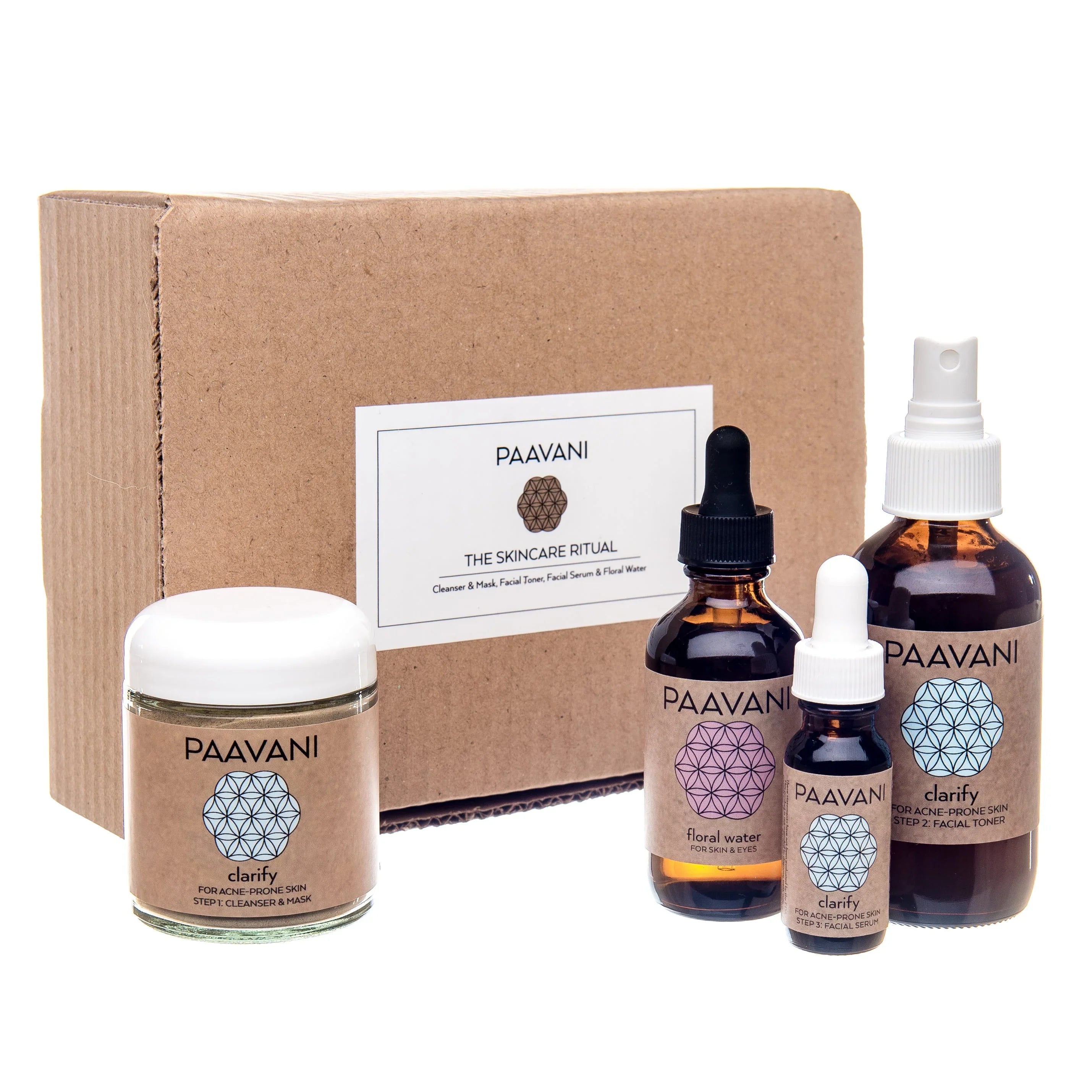 Paavani skincare gift set with cleanser, toner, serum, floral water and box at Qu!rk Boutique