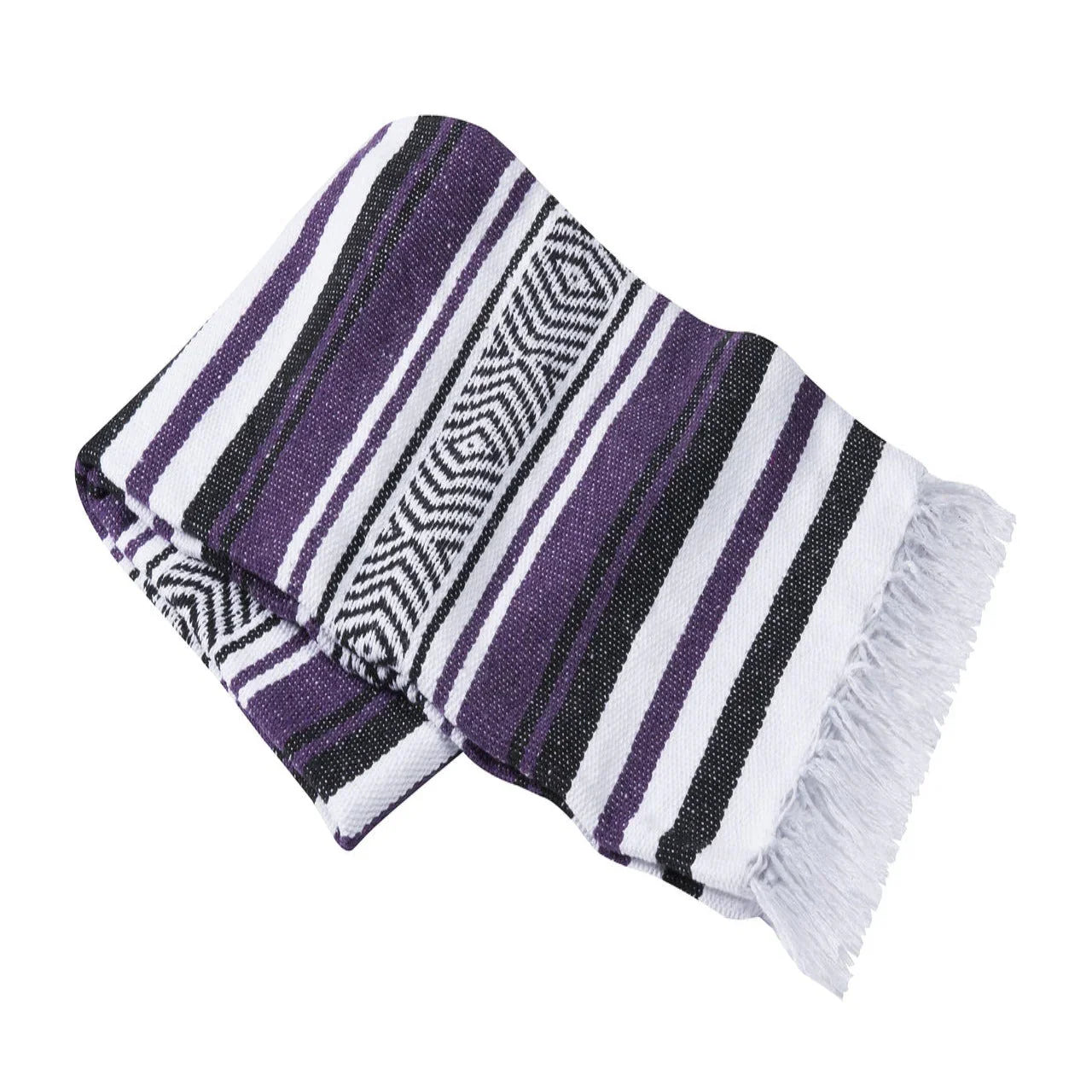 Purple, white, and black striped woven throw blanket with fringe from Qu!rk Boutique