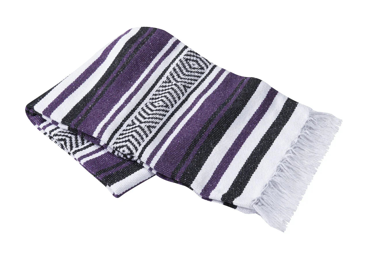 Folded purple, white, and black striped blanket with fringed edge, Qu!rk Boutique gift