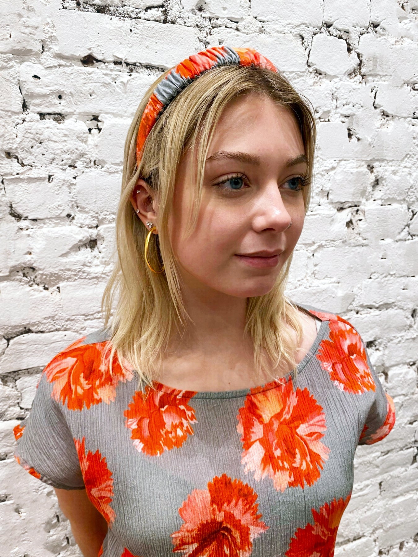 Headband:  Red Carnations on Grey