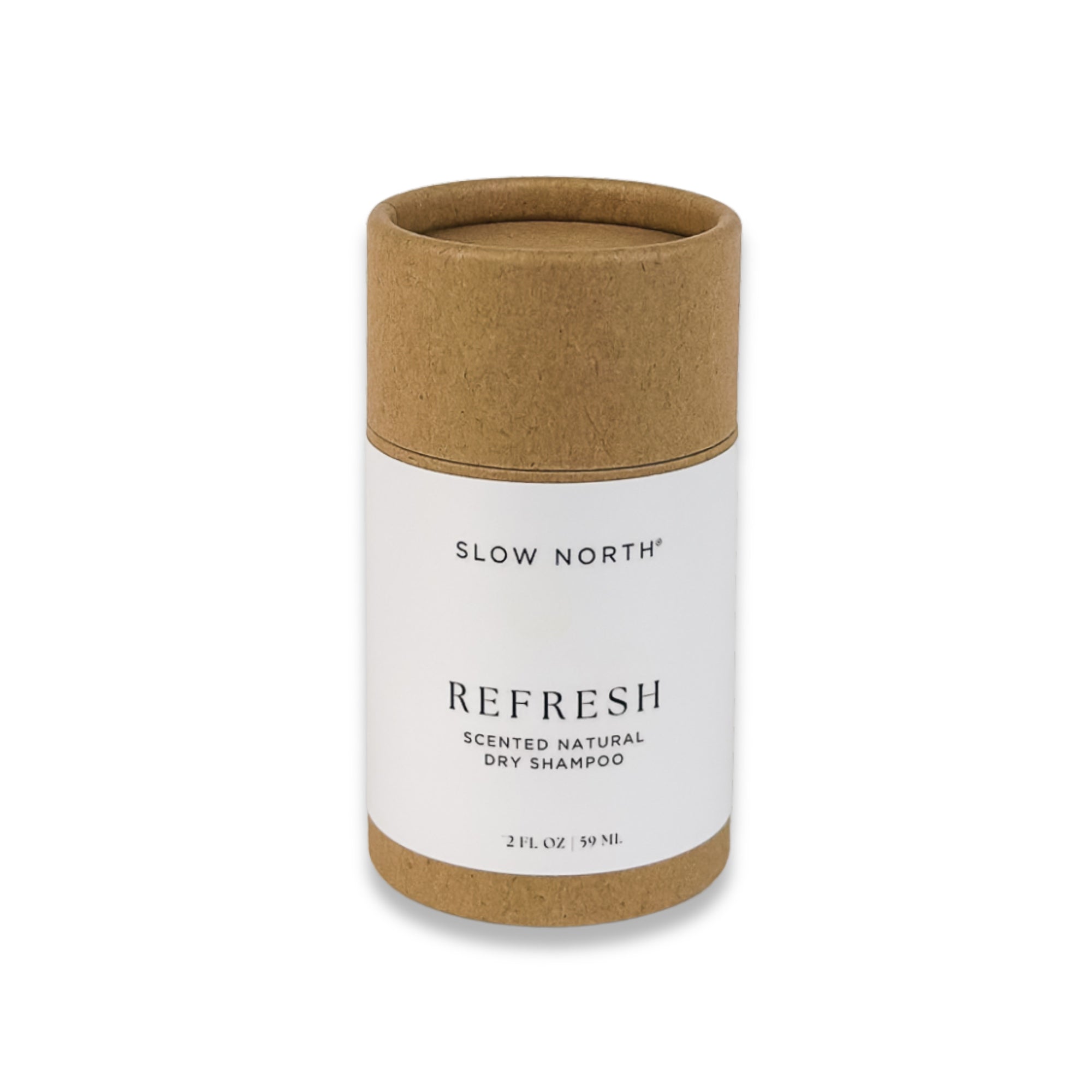 Slow North Refresh scented natural dry shampoo in eco-friendly brown and white packaging